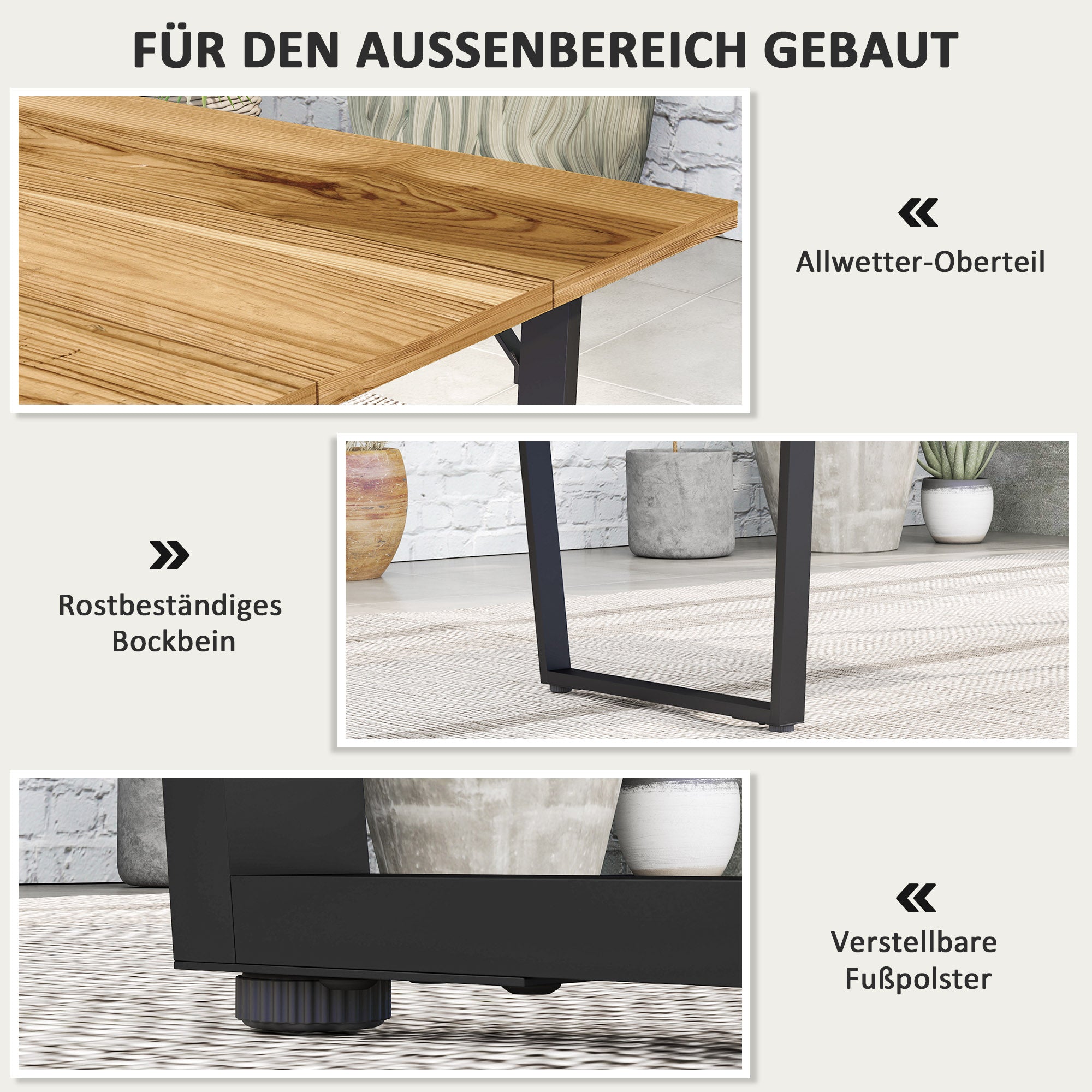 Outsunny Gartentisch Holz 175x80 cm Wetterfest Balkontisch mit Schirmloch Buffettisch für 6 Personen Braun