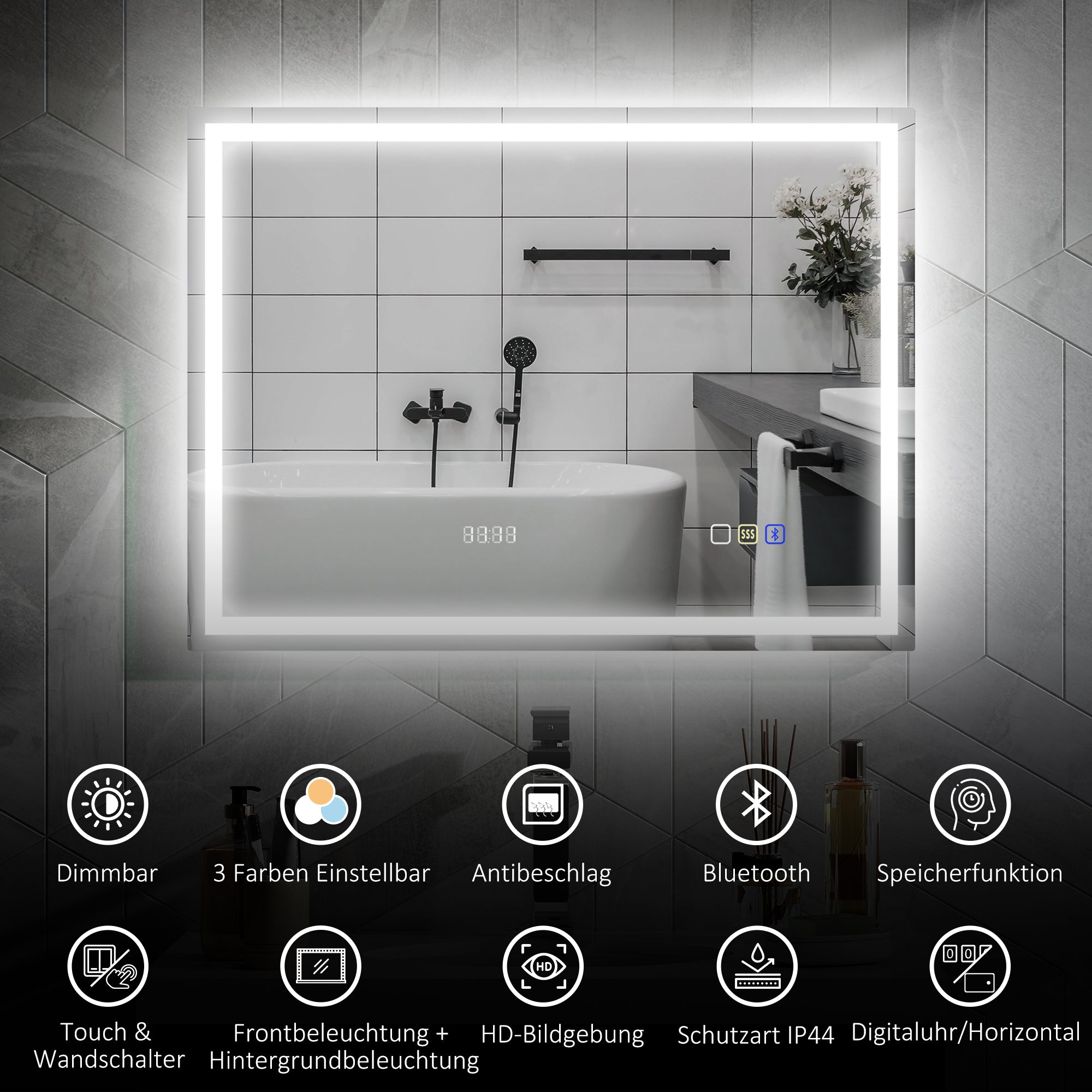 HOMCOM Badezimmerspiegel mit LED-Beleuchtung, Anti-Beschlags-Pad, 3 verstellbare Farben, Uhr, 600 x 800 mm, Silberfarben