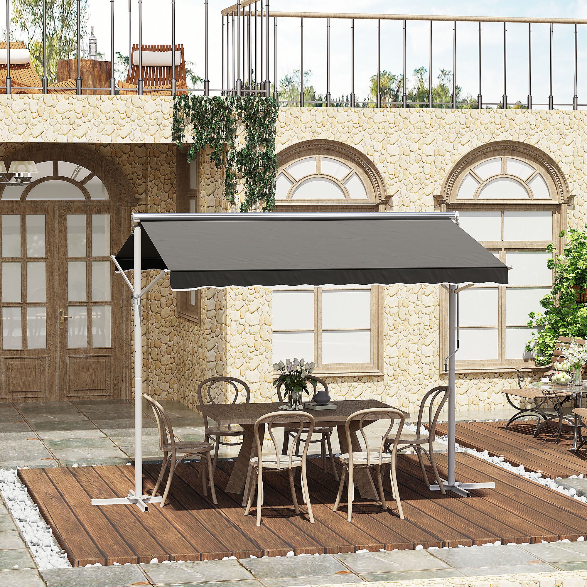 Outsunny Standmarkise Gartenmarkise Markise mit Faltarm Kurbel Terrasse Grau 3x3m