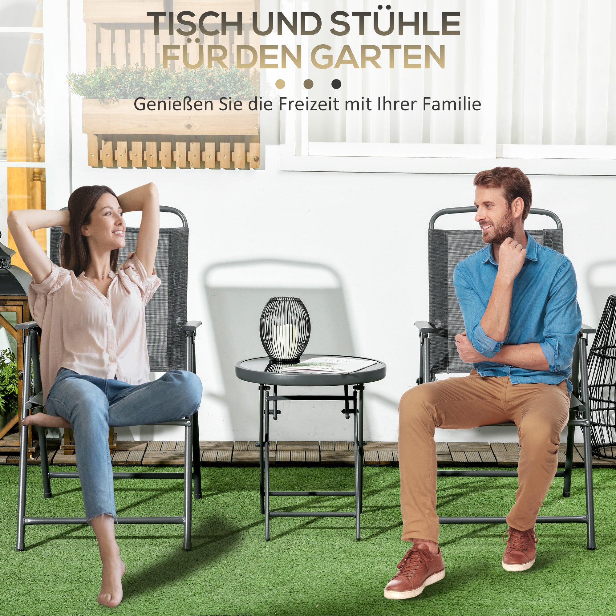 Outsunny Bistro-Set 3-teilig aus Metall Wetterfest Gartenmöbel Set mit klappbar Glastisch Gartenstühlen Dunkelgrau
