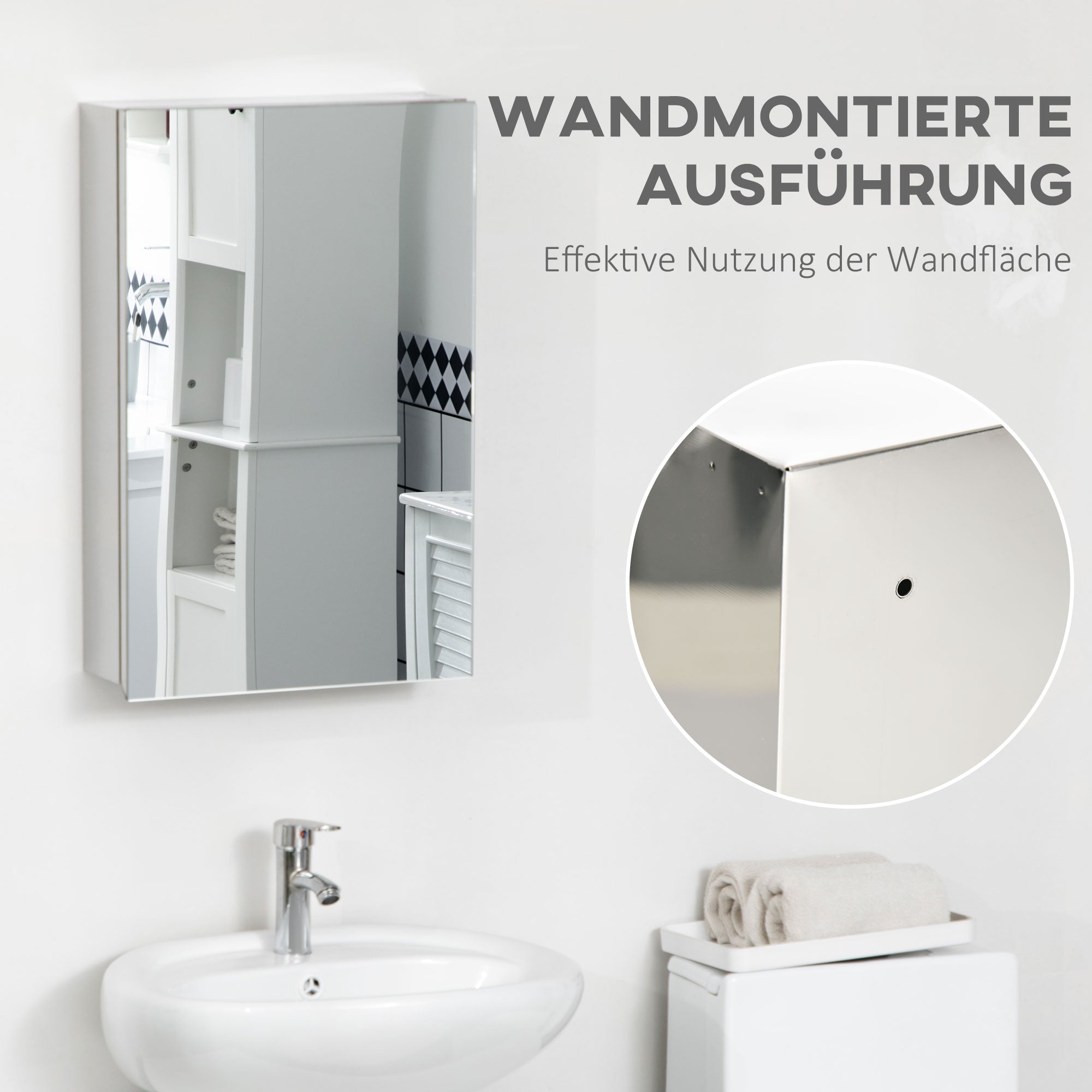kleankin Spiegelschrank, Badschrank, 3 Regalfächer, rostfreier Metallrahmen, 39x12x60cm, Silber