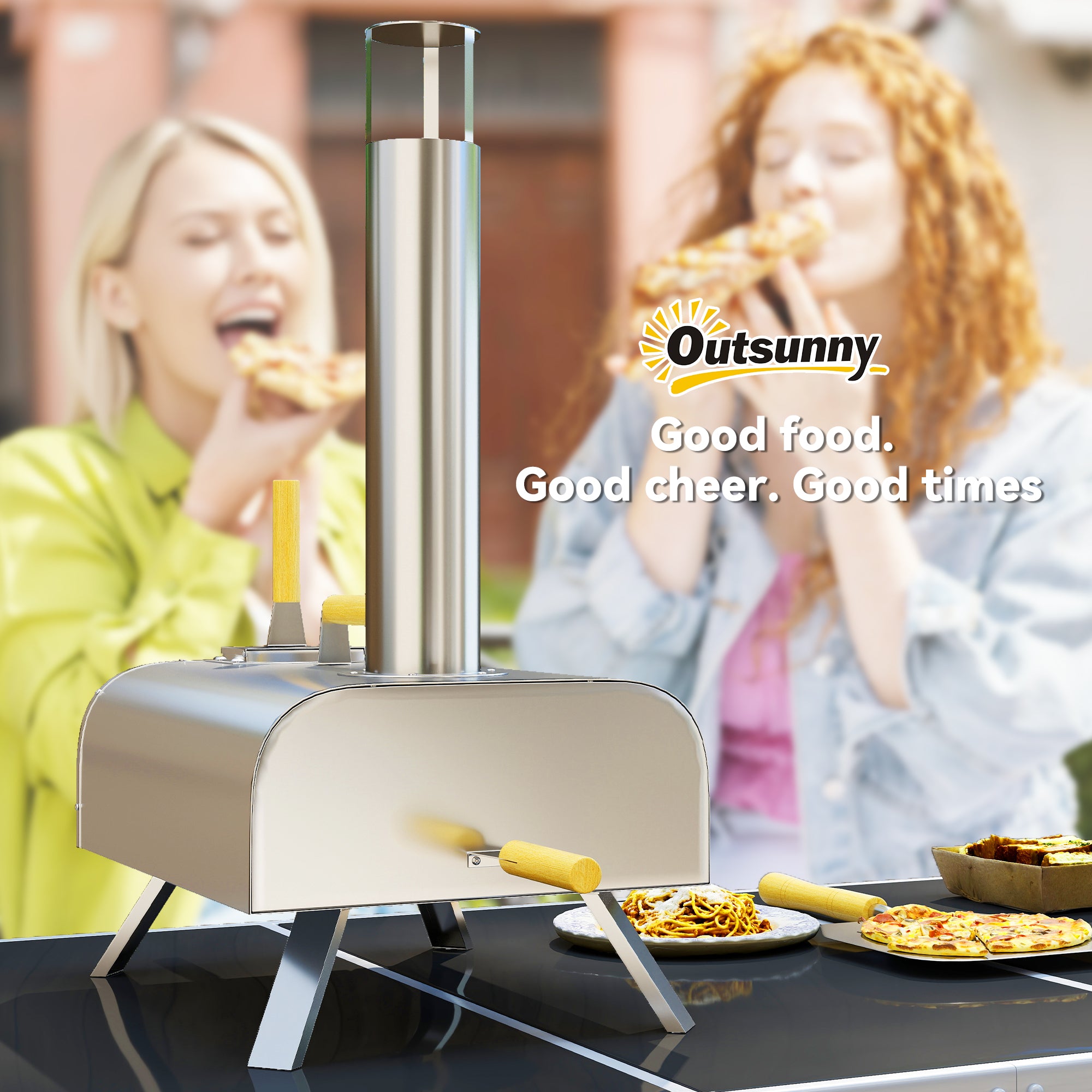 Outsunny Outdoor-Pizzaofen, Tragbarer Pizza-Ofen mit Pizzastein und Schaufel, klappbare Beine, Schornstein, Edelstahl