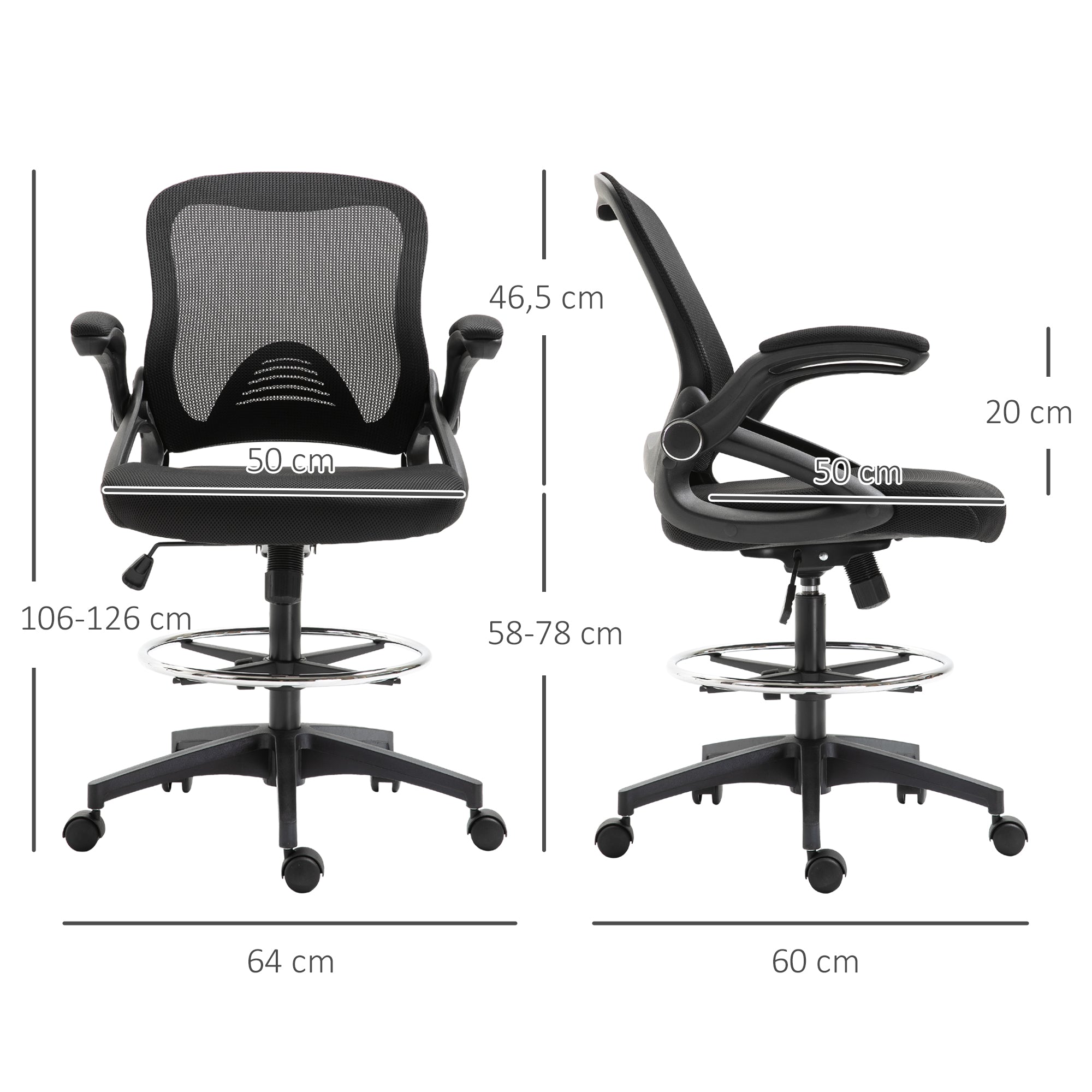 Vinsetto Bürosessel, Schreibtischstuhl, Stehfunktion, mit Fußablage, drehbarer Sitz, Stahl, schwarz, 64 x 60 x 106-126cm