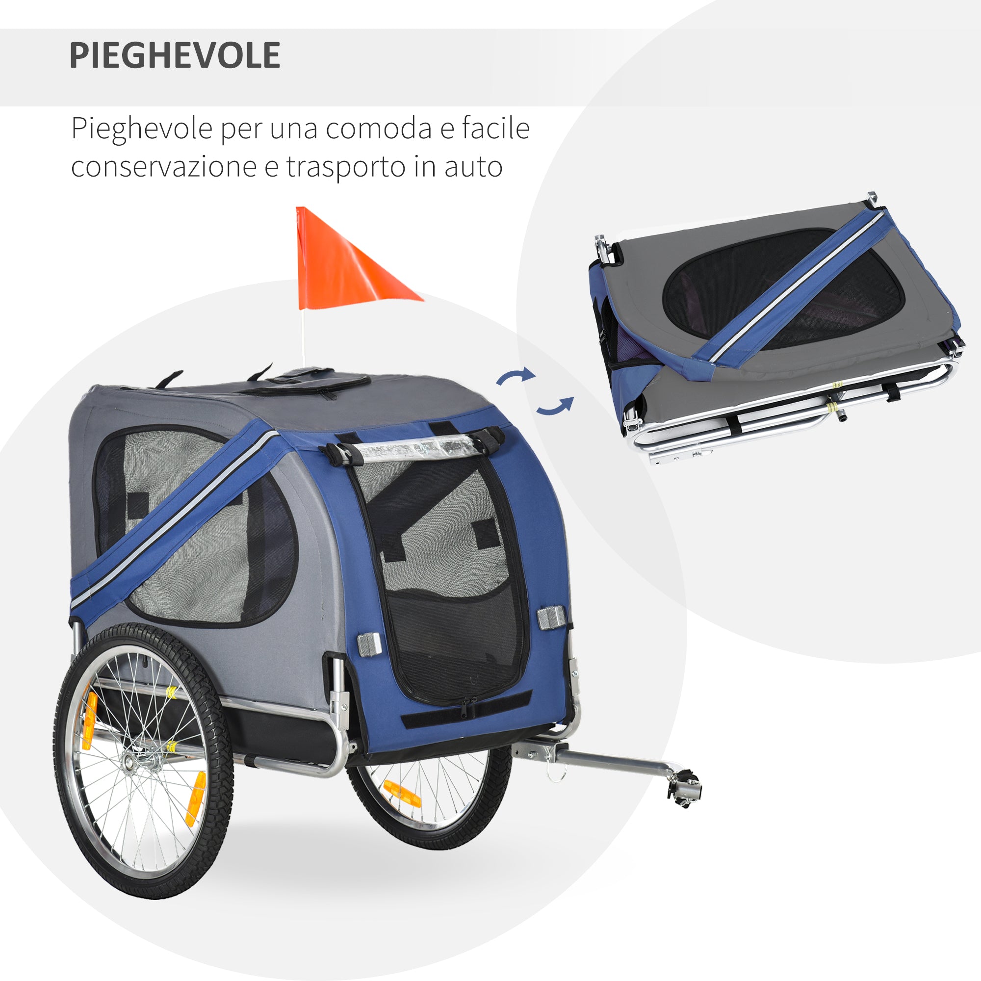 PawHut 2-in-1 Haustieranhänger Fahrradanhänger bis 20kg klappbar Regenschutz Sicherheitsfahne Reflektoren Stahl grau+blau 130 x 73 x 90cm