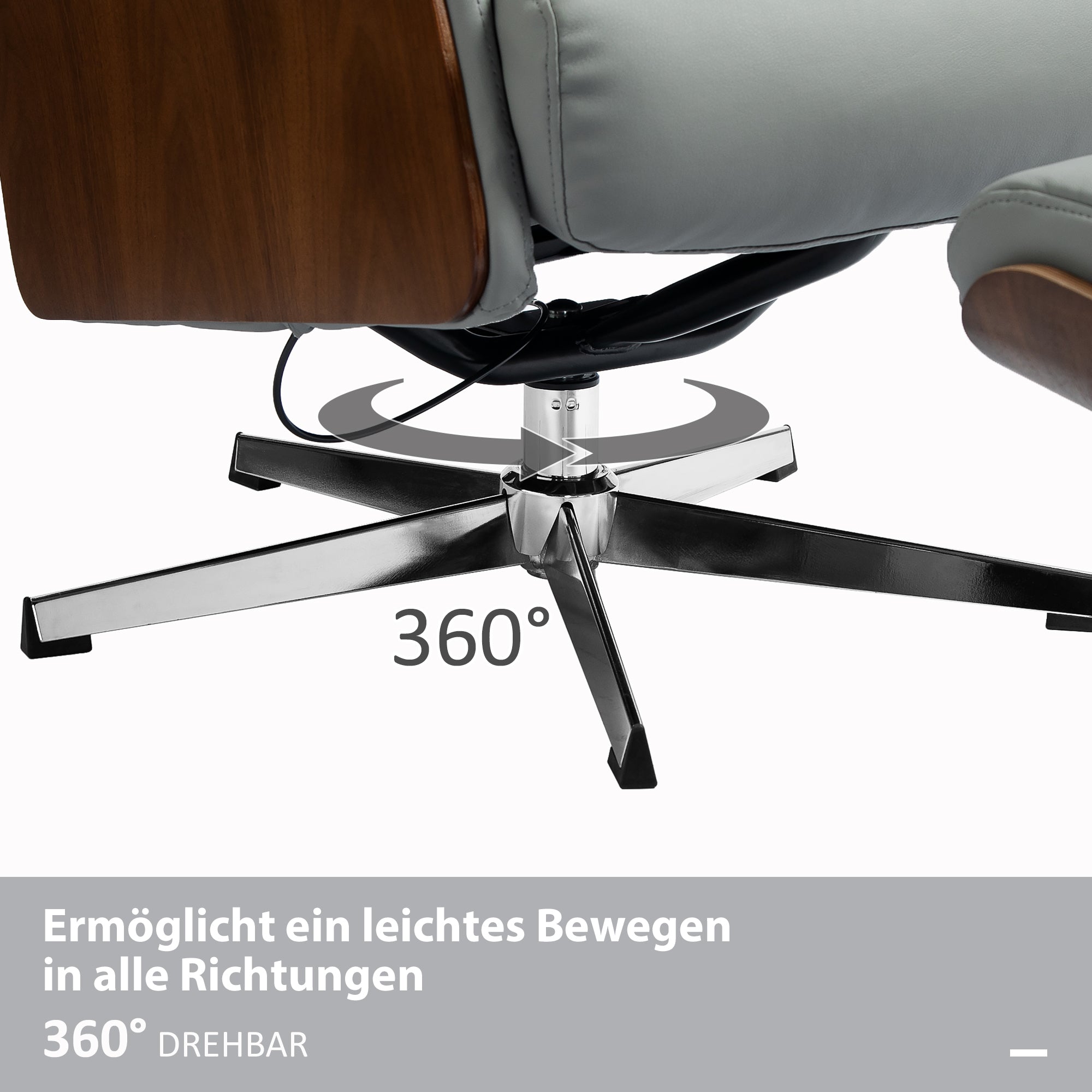 HOMCOM Relaxsessel mit Hocker, Liegefunktion, drehbar, Lederoptik, bis 150 kg, Hellgrau