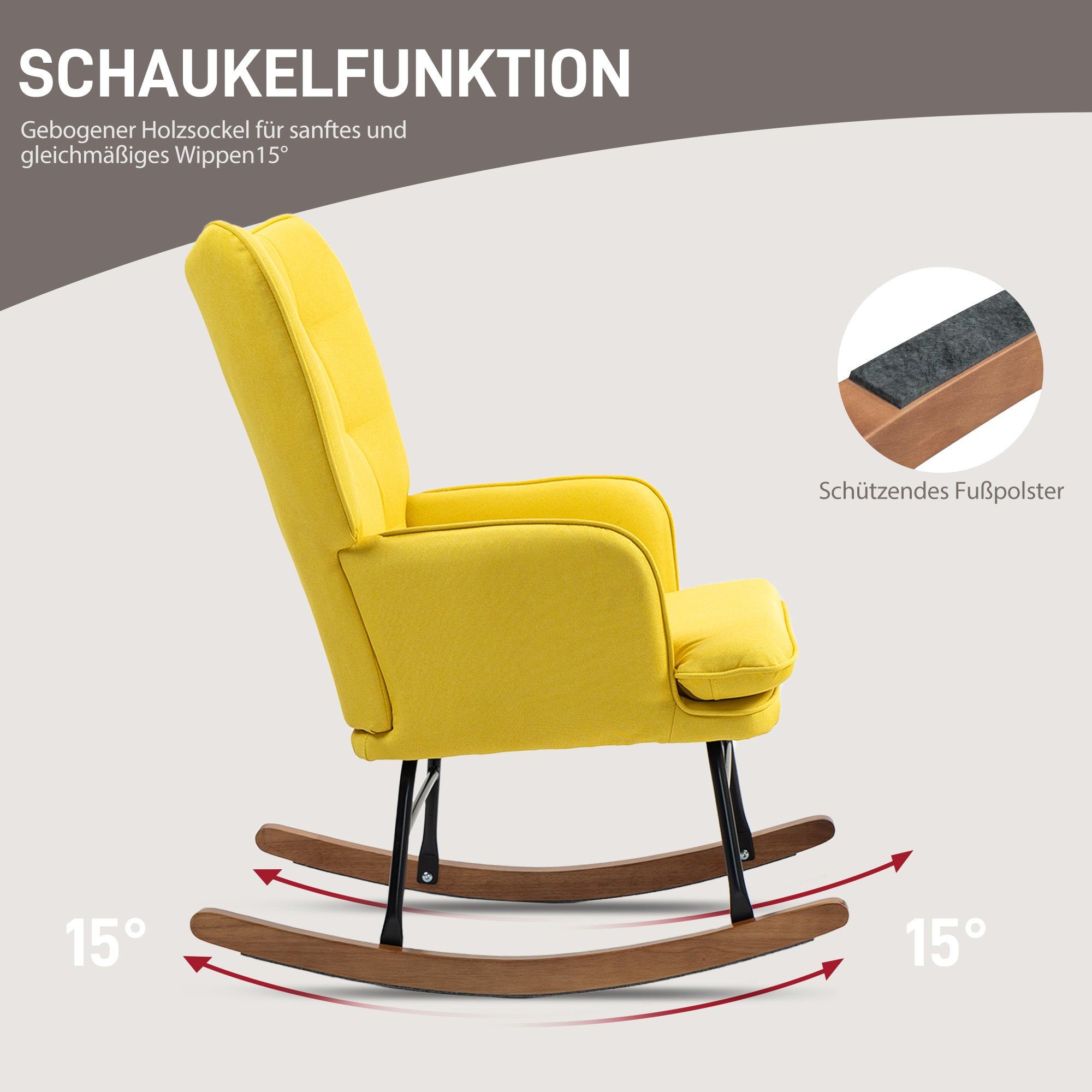 HOMCOM Schaukelstuhl mit Ottomane Skandidesign Schaukelstuhl mit Fußhocker, Buchenholz, Steppung, 64 cm x 89 cm x 90 cm Gelb