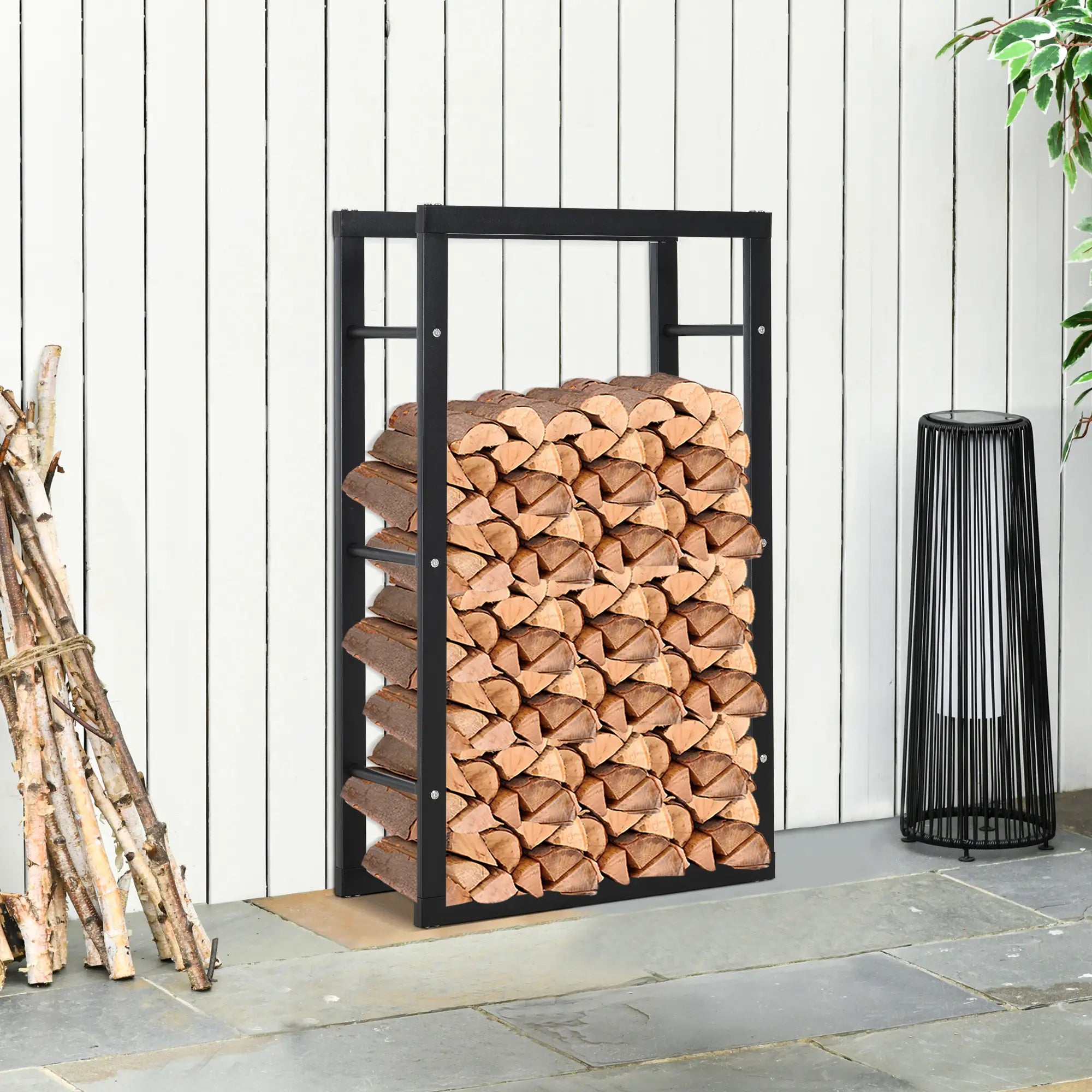 HOMCOM Kaminholzregal Metall 60 x 25 x 100 cm Brennholzregal Stapelhilfe Stahlrahmen bis 100kg Kaminholzunterstand Outdoor Holzregal Feuerholzregal für Garten Terrasse Außen Schwarz