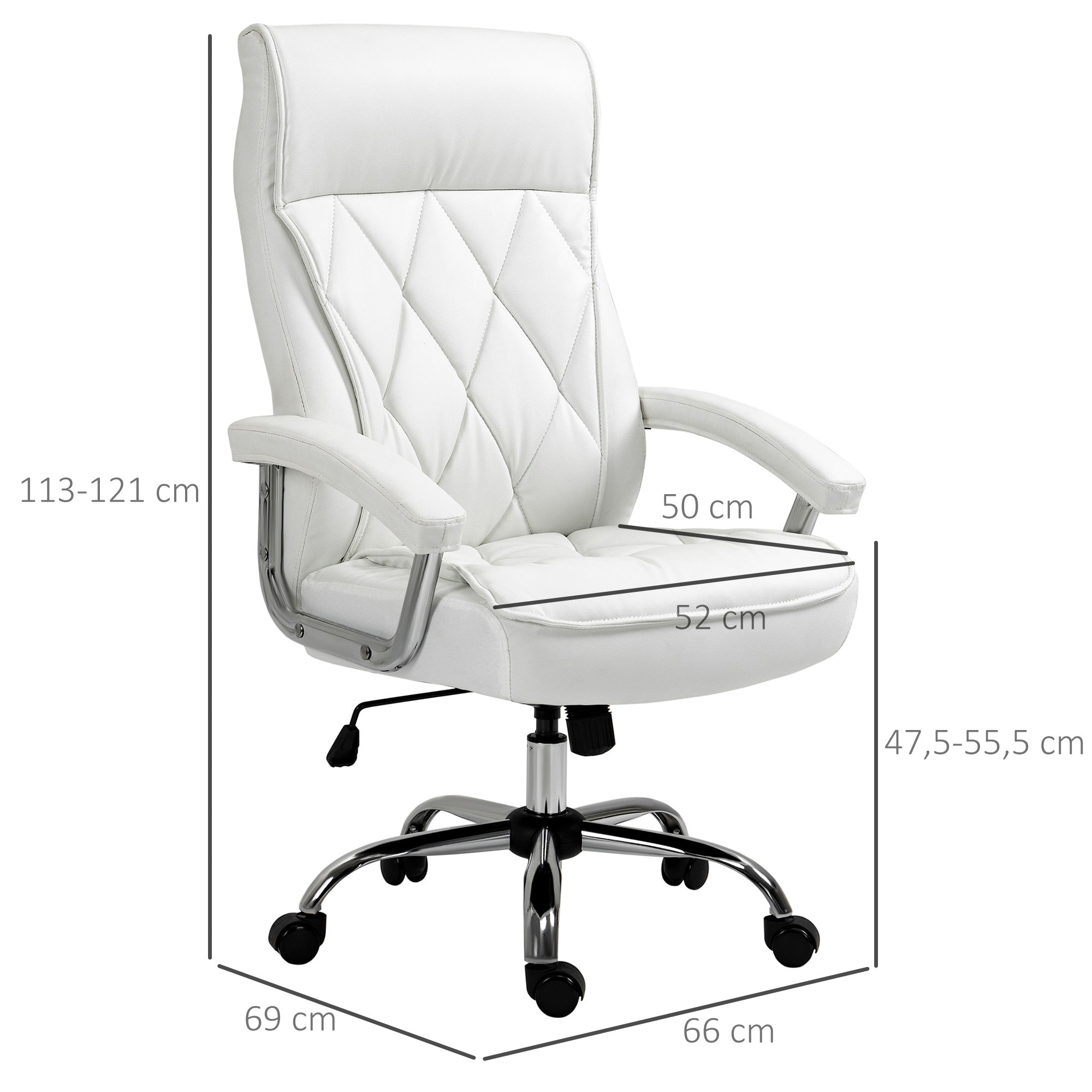 Vinsetto Bürostuhl, ergonomischer Schreibtischstuhl, höhenverstellbarer Drehstuhl mit Wippfunktion, Rautenmuster, Kunstleder, gepolsterter Chefsessel, Weiß