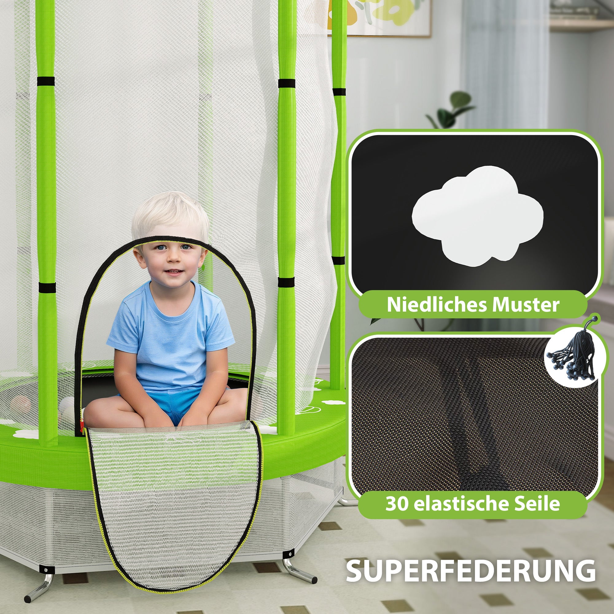 AIYAPLAY Kindertrampolin mit Sicherheitsnetz, für den Innen- und Außenbereich, 3-6 Jahre, Grün