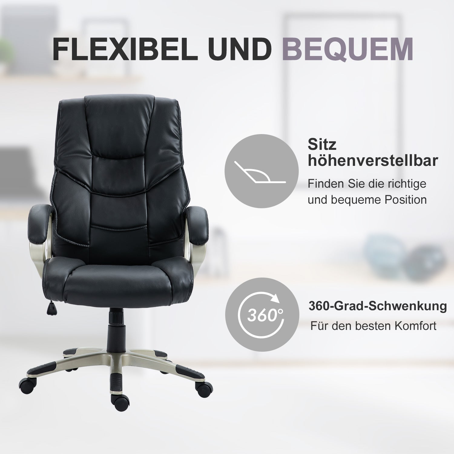 HOMCOM Bürosessel Chefsessel mit Wippfunktion Bürostuhl Schreibtischstuhl Ergonomischer Drehstuhl Sportsitz Hoher Rückenlehne Schwarz Kunsterleder Metall 70 x 58 x 114–124 cm