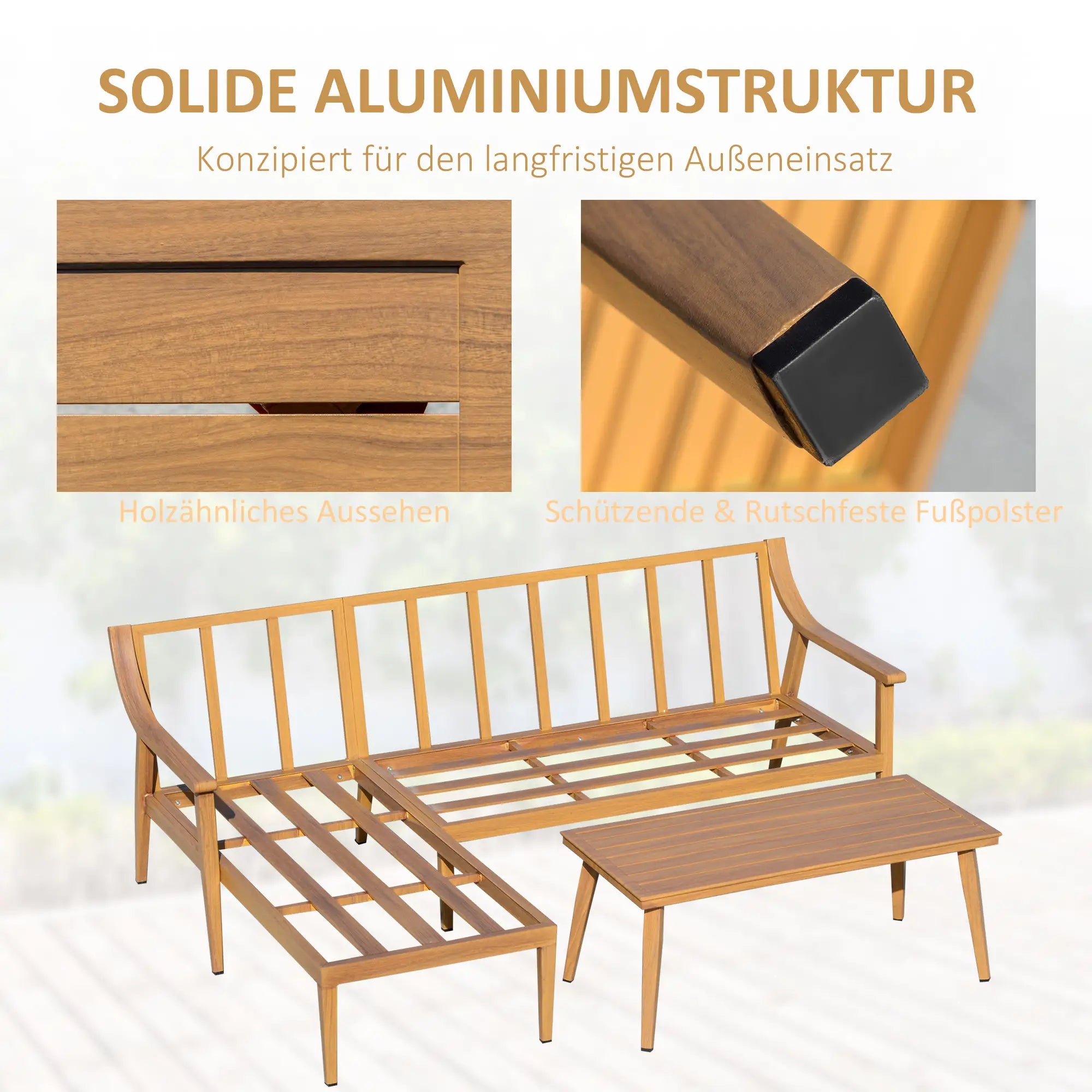 Outsunny Gartenmöbelset 3-tlg. mit Chaiselongue Outdoor Aluminium Naturholz