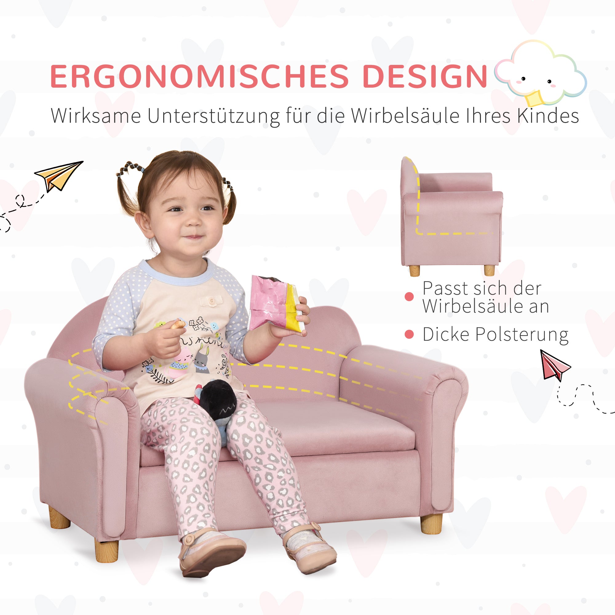 HOMCOM Kindersofa, Zweisitzer für Kinder 3-5 Jahre, Stauraum, Naturholzrahmen, 84 x 41,5 x 48,5cm, rosa