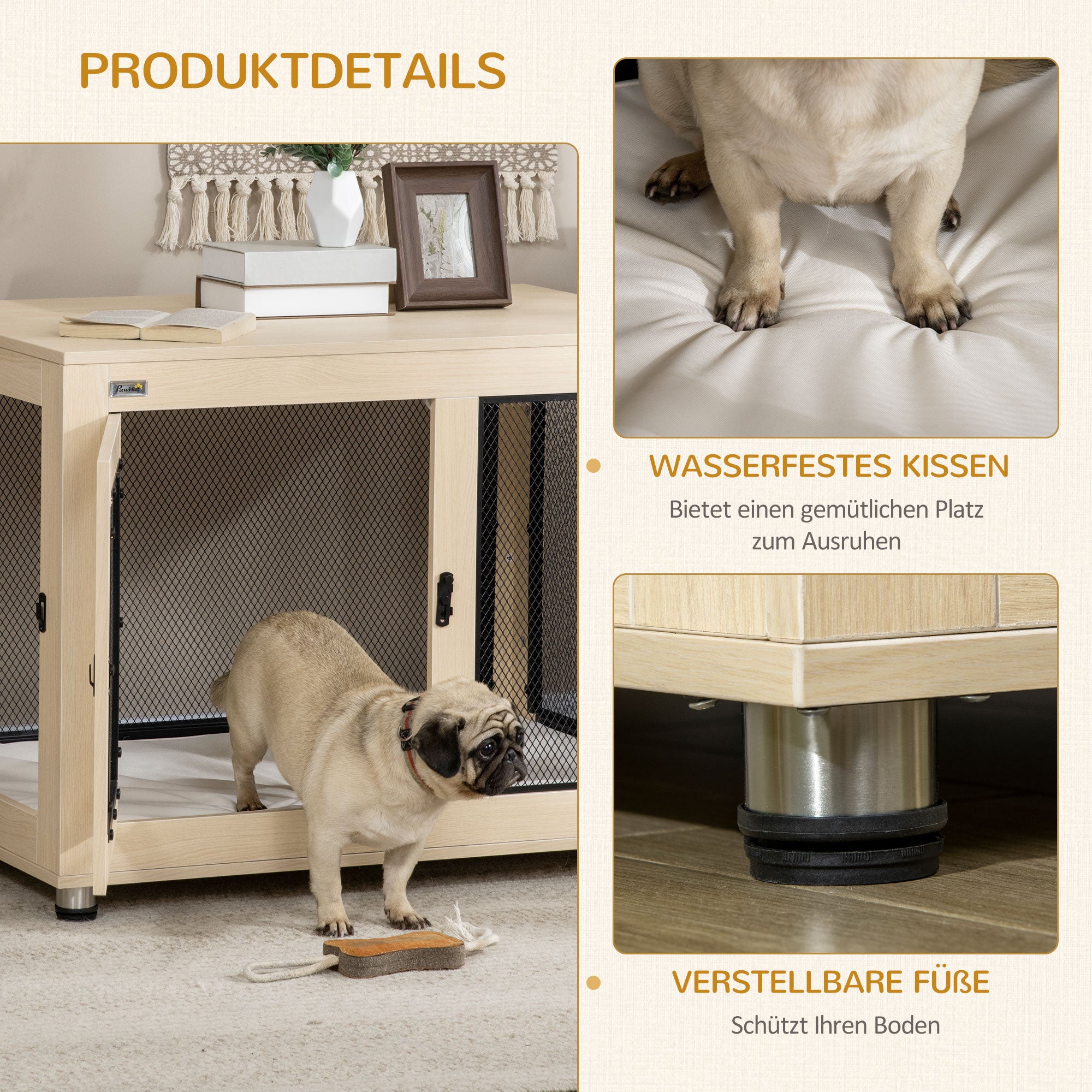 PawHut Hundebox Hundekäfig, Modernes Design, verriegelbar, 2 Türen, 94 cm x 60 cm x 71,5 cm, Natur + Schwarz