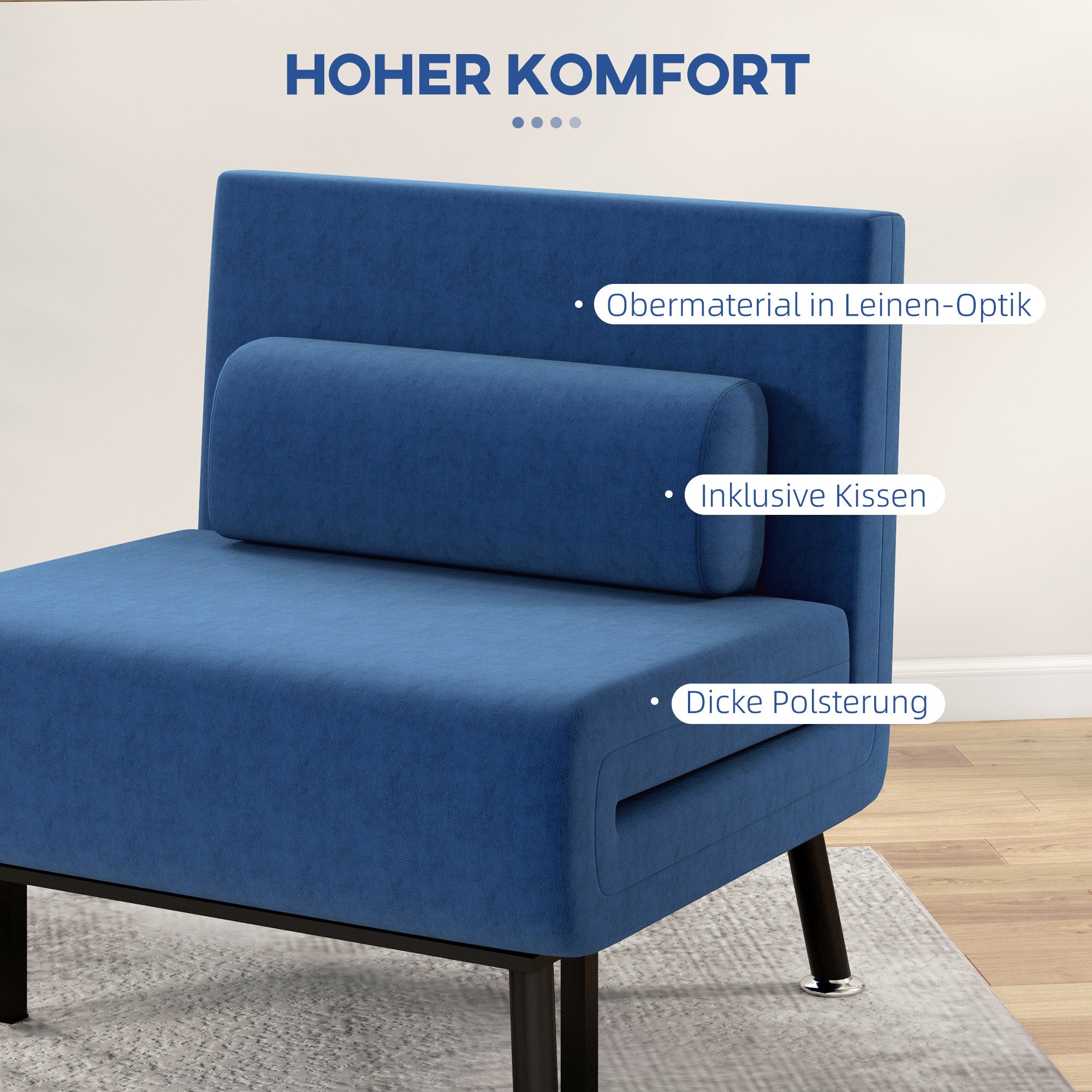 HOMCOM Klappsessel mit Bettfunktion, klappbarer Relaxsessel in Leinenoptik, Verstellbare Rückenlehne, 75x70x75 cm, Dunkelblau