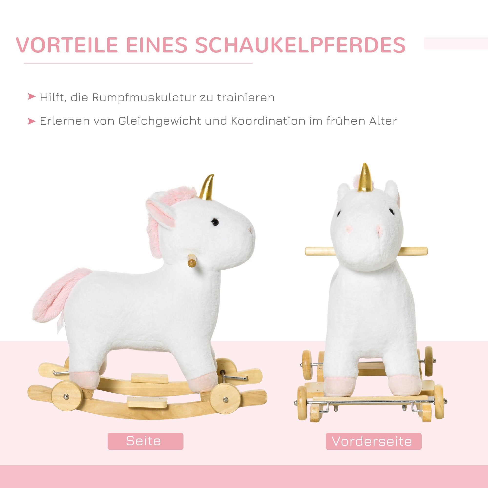 HOMCOM 2-IN-1 Schaukelpferd mit Räder Plüsch Schaukeltier Babyschaukel Spielzeug Weiß 63 x 38 x 63 cm
