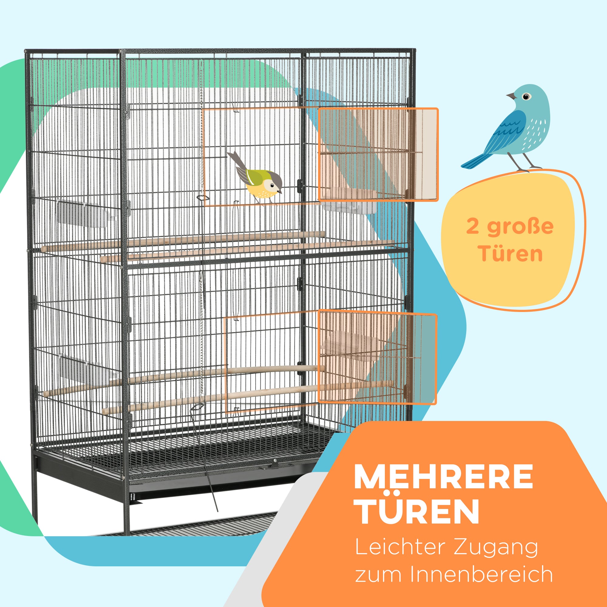 PawHut Vogelkäfig inklusive Sitzstangen, Vogelspielzeug, herausnehmbare Bodenwanne, 1 Ablage, Grau