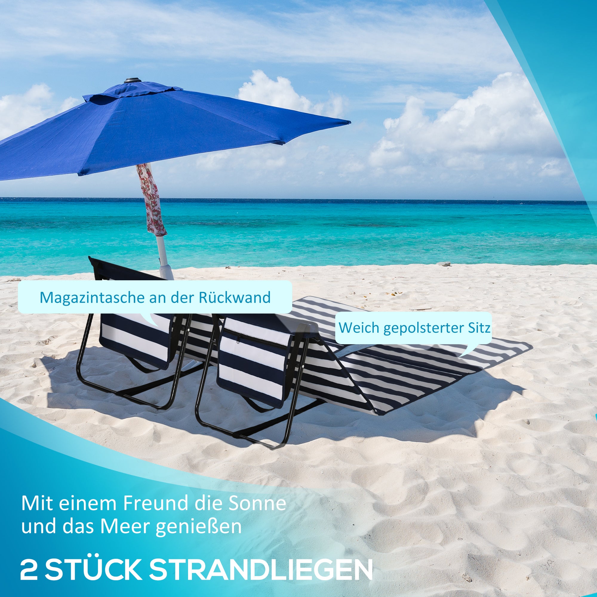 Outsunny Strandliege, klappbar, verstellbare Rücklehne, Seitentasche, weiche Polsterung, Stahlrahmen, blau+weiß, 142x51x40cm