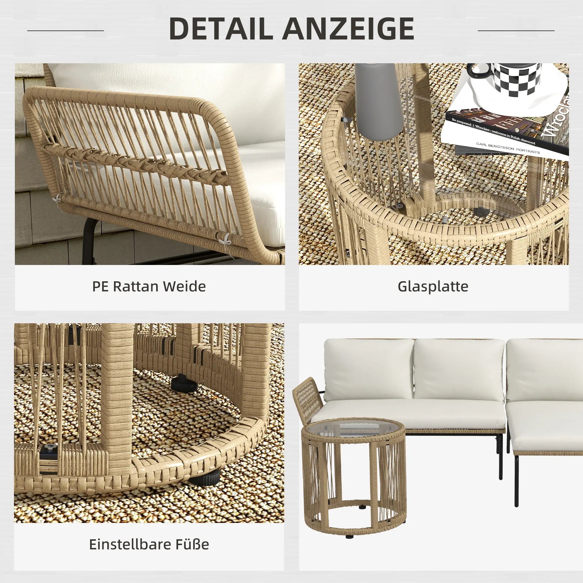 Outsunny Polyrattan Gartenmöbel-Set 3-tlg. Outdoor wetterfest cremeweiß