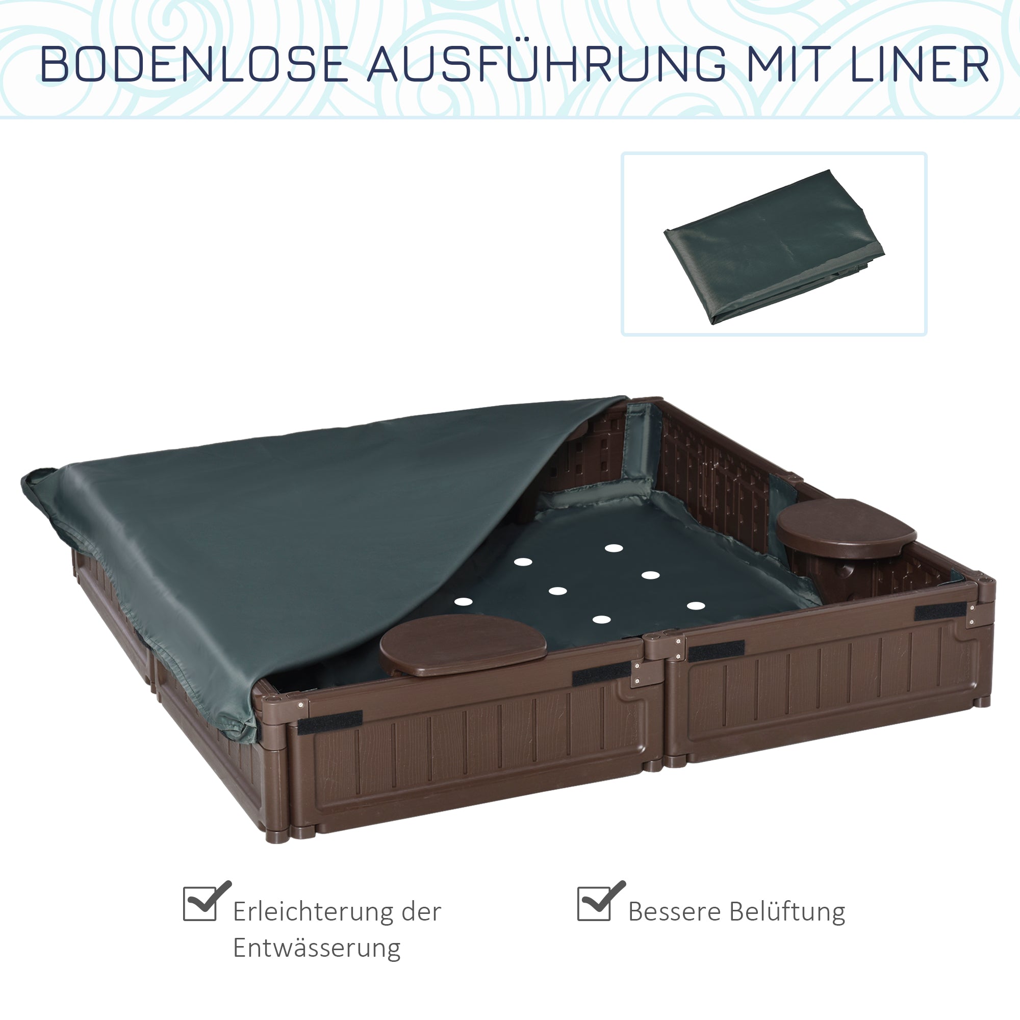 Outsunny Sandkasten mit Abdeckplane & Bodenplane, modulare Bauweise, 4 Sitze, 1,23L x 1,23B m, Braun