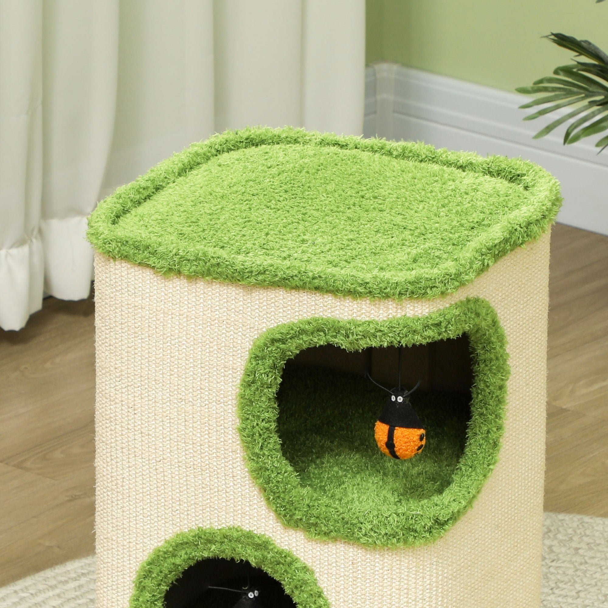 PawHut Kratzturm, 52 cm, Katzenhöhle mit Plüsch, Kratzfläche, Spielzeug, Grün/Cremeweiß