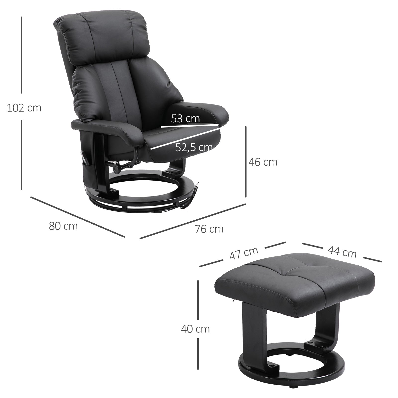 HOMCOM Relaxsessel mit Fußhocker, Massagesessel mit Liegefunktion, Elektrischer Liegesessel mit Fernbedienung, Fernsehsessel mit Seitentasche, Kunstleder, Schwarz