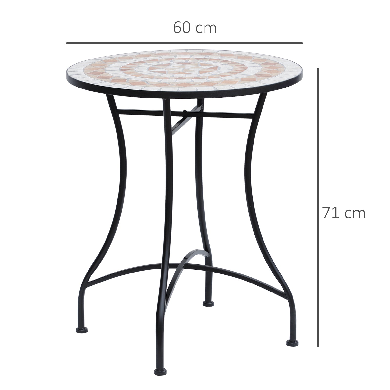Outsunny Gartentisch Mosaiktisch Balkontisch Beistelltisch Seviertisch rund Stahl + Keramik Orange + Weiß Ø60 x H71 cm