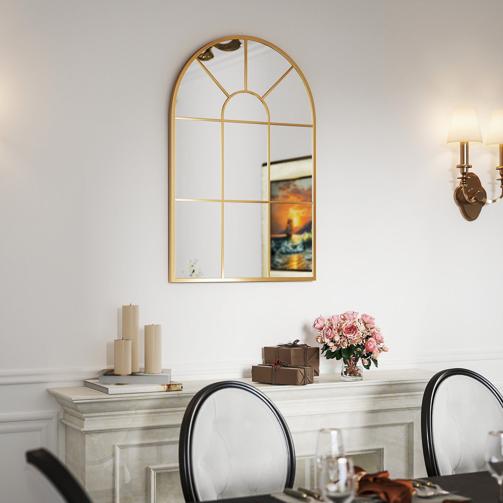HOMCOM Wandspiegel, Fenster-Design, Flurspiegel, Metallrahmen, 91 x 60 cm, Gold