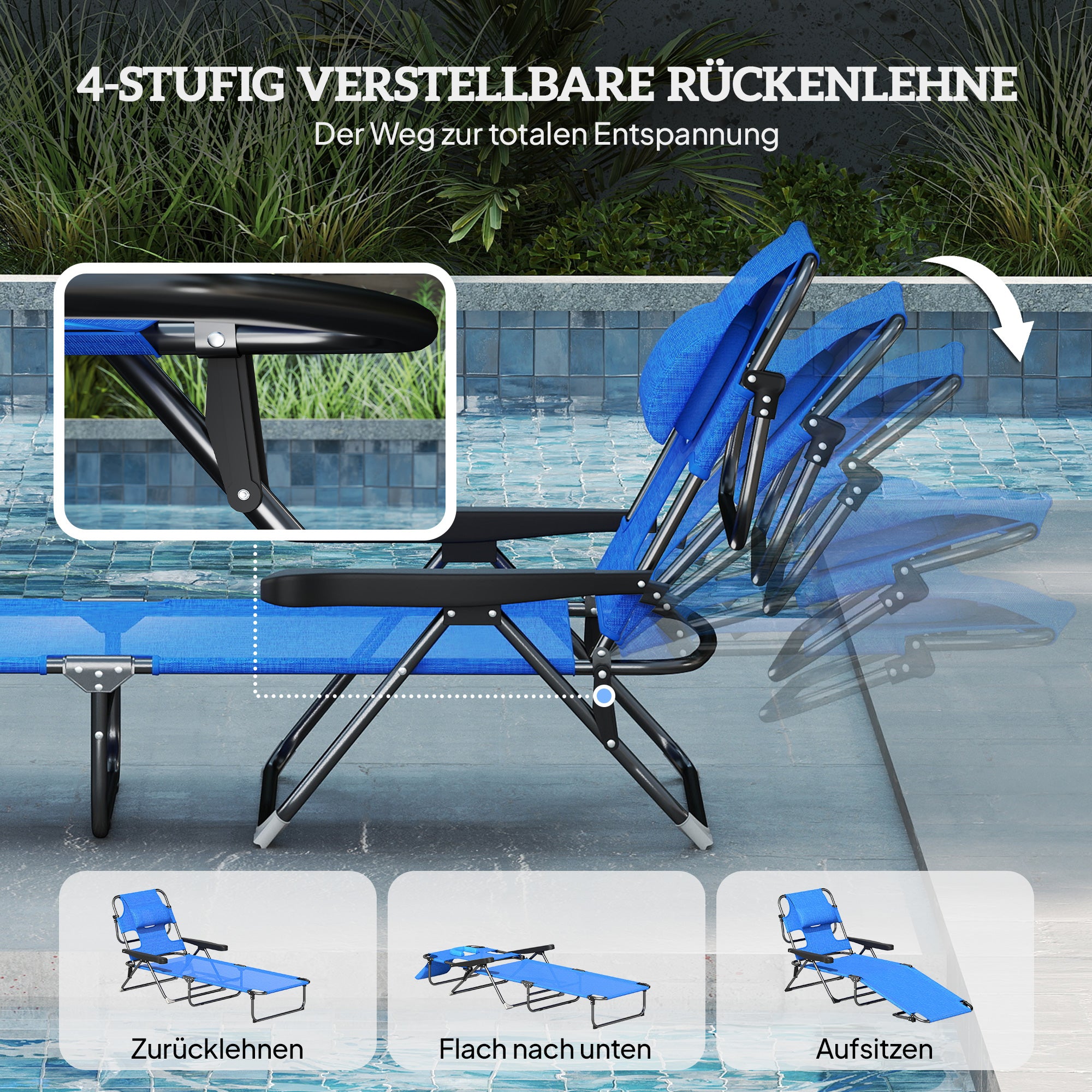 Outsunny Sonnenliege Gartenliegen Relaxliege, klappbar, wetterbeständig, 194 cm x 72 cm x 31 cm, Schwarz + Dunkelblau