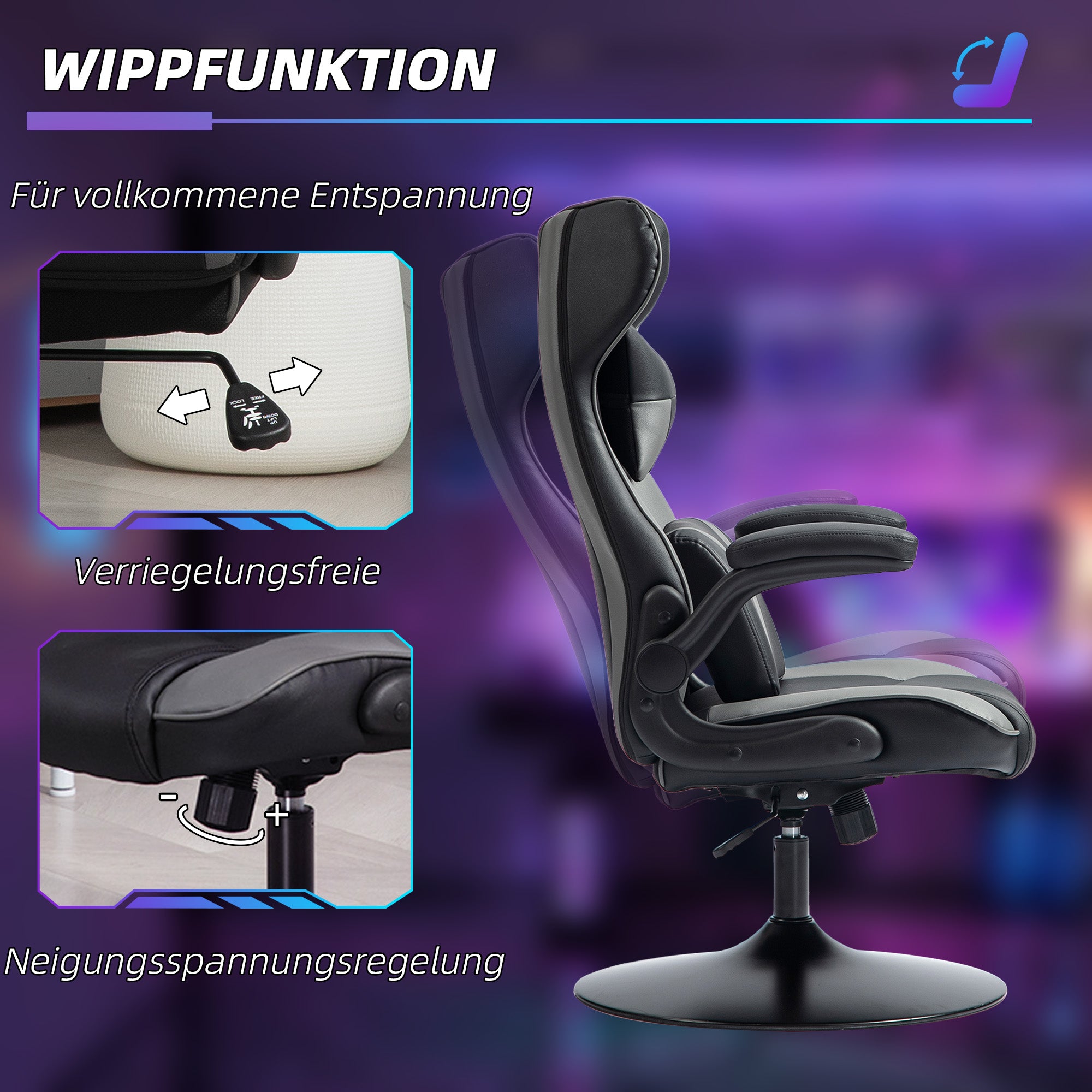 Vinsetto Gaming-Stuhl mit Schaukelfunktion, Drehstuhl, höhenverstellbar, gepolsterter Sitz, Metall, 67 x 71 x 112 cm, Grau