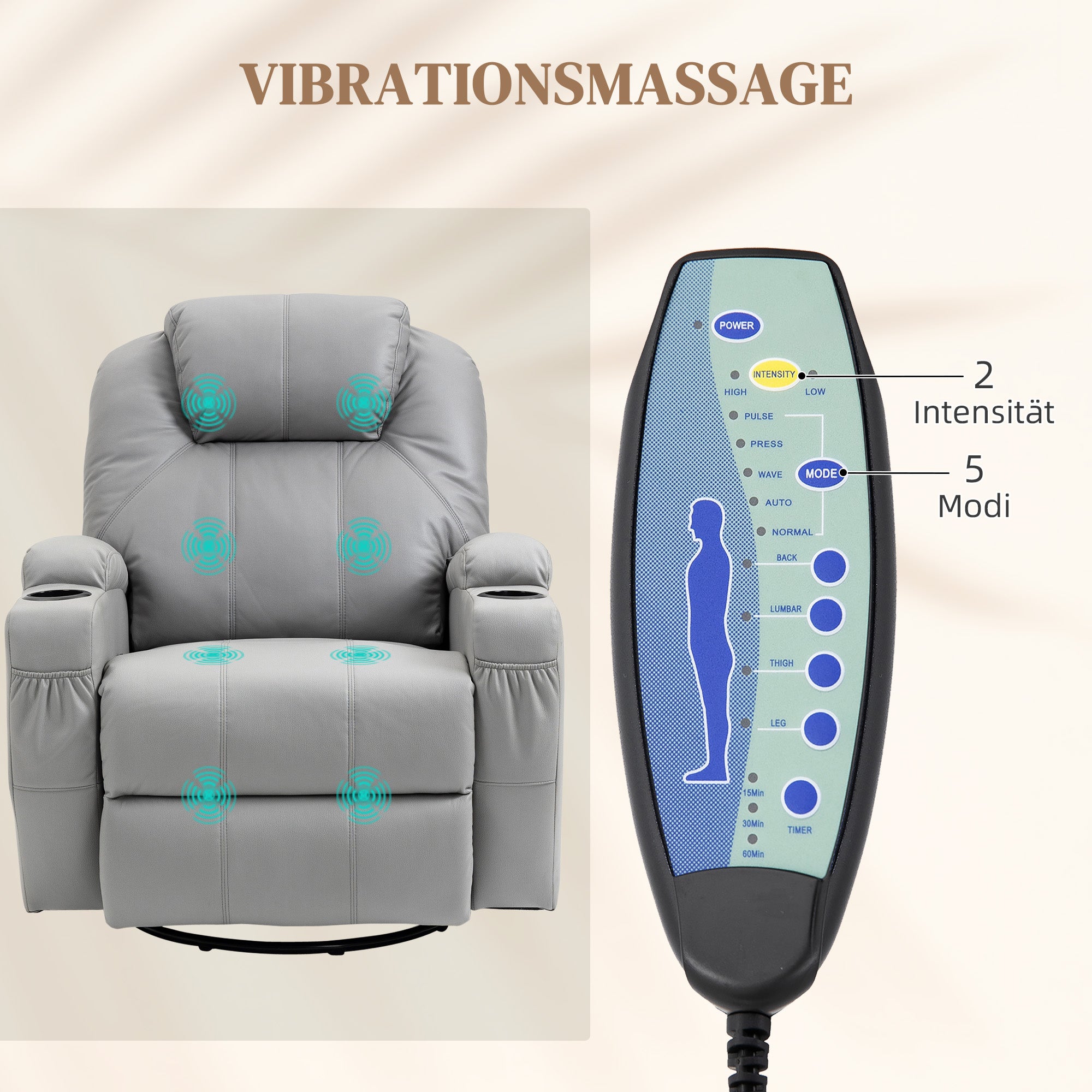 HOMCOM Massagesessel mit Fußstütze, 8 Vibrationspunkte, 5 Modi, inkl. Fernbedienung, Hellgrau
