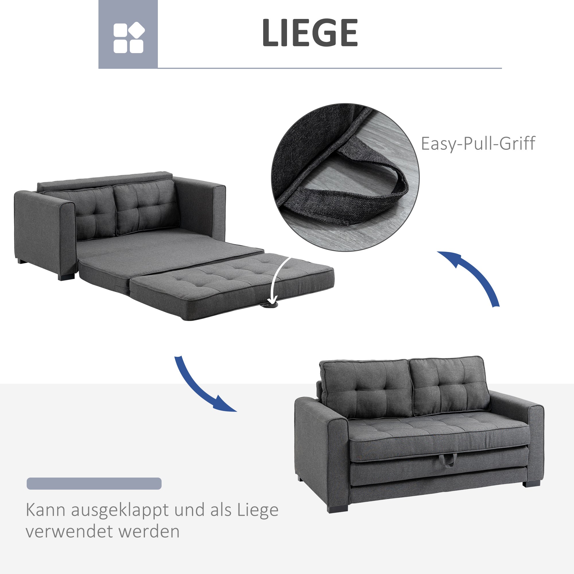 HOMCOM Schlafsofa Klappsofa 2-Sitzer Stoffsofa Bettsofa Sofa mit Schlaffunktion Sofagarnitur Leinen-Touch Gummiholz Grau 147,5 x 75 x 85 cm