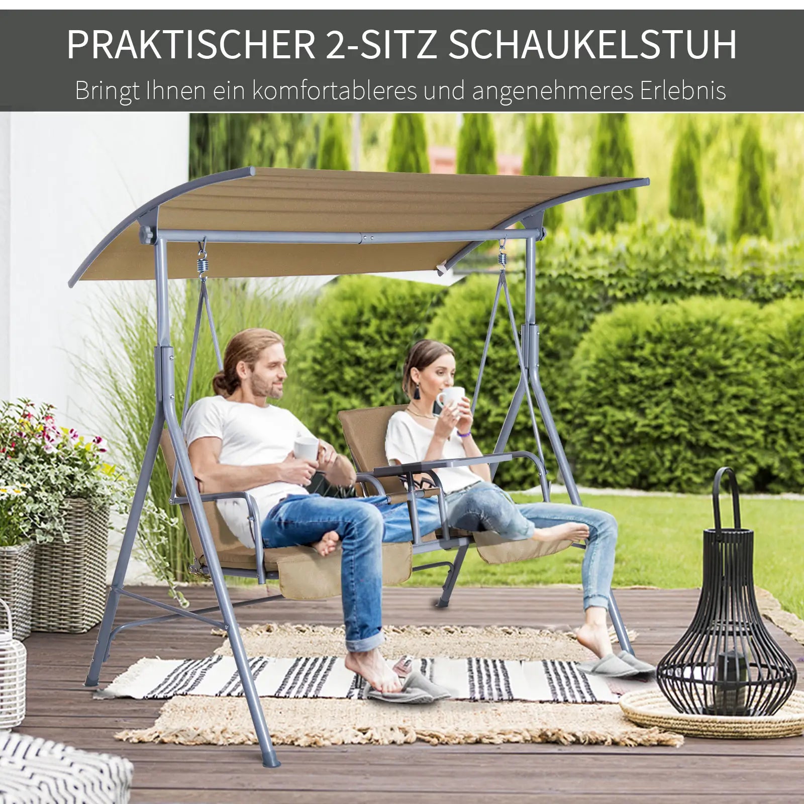 Outsunny Hollywoodschaukel 2-Sitzer mit Sonnendach Becherhalter