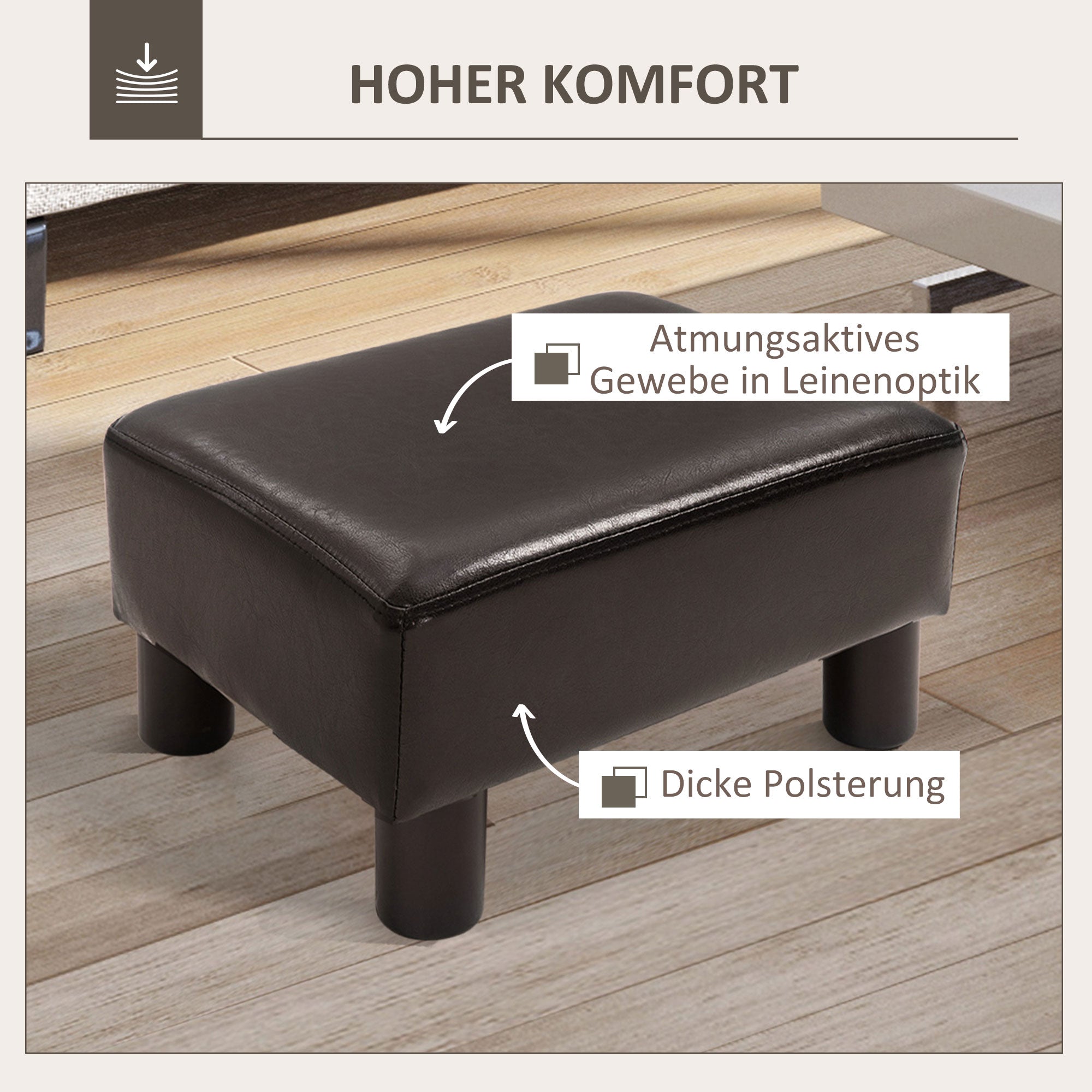 HOMCOM Hocker mit Stoffbezug in Kunstlederoptik, bis 110 kg, Kaffee, 40 x 30 x 24cm
