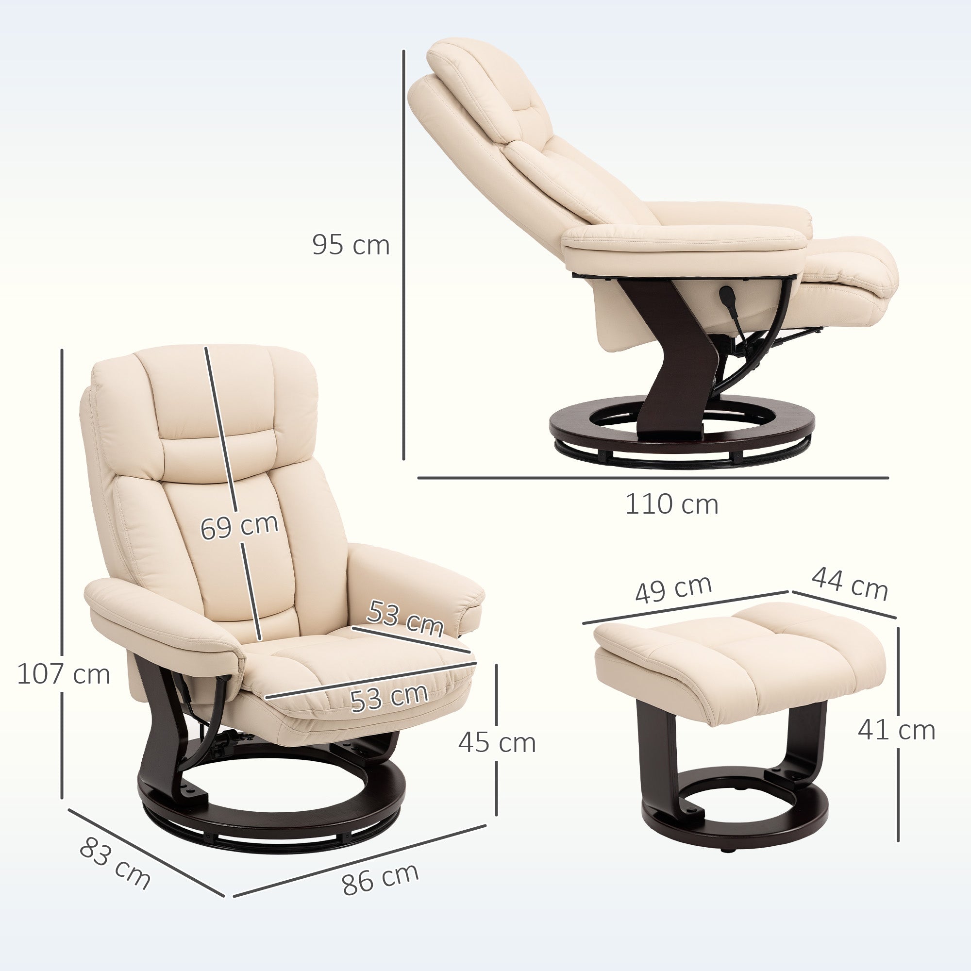 HOMCOM Relaxsessel mit Fußhocker, Verstellbarer Sessel, Kunstleder-Bezug, Polstersessel mit klappbarer Rückenlehne, Cremeweiß