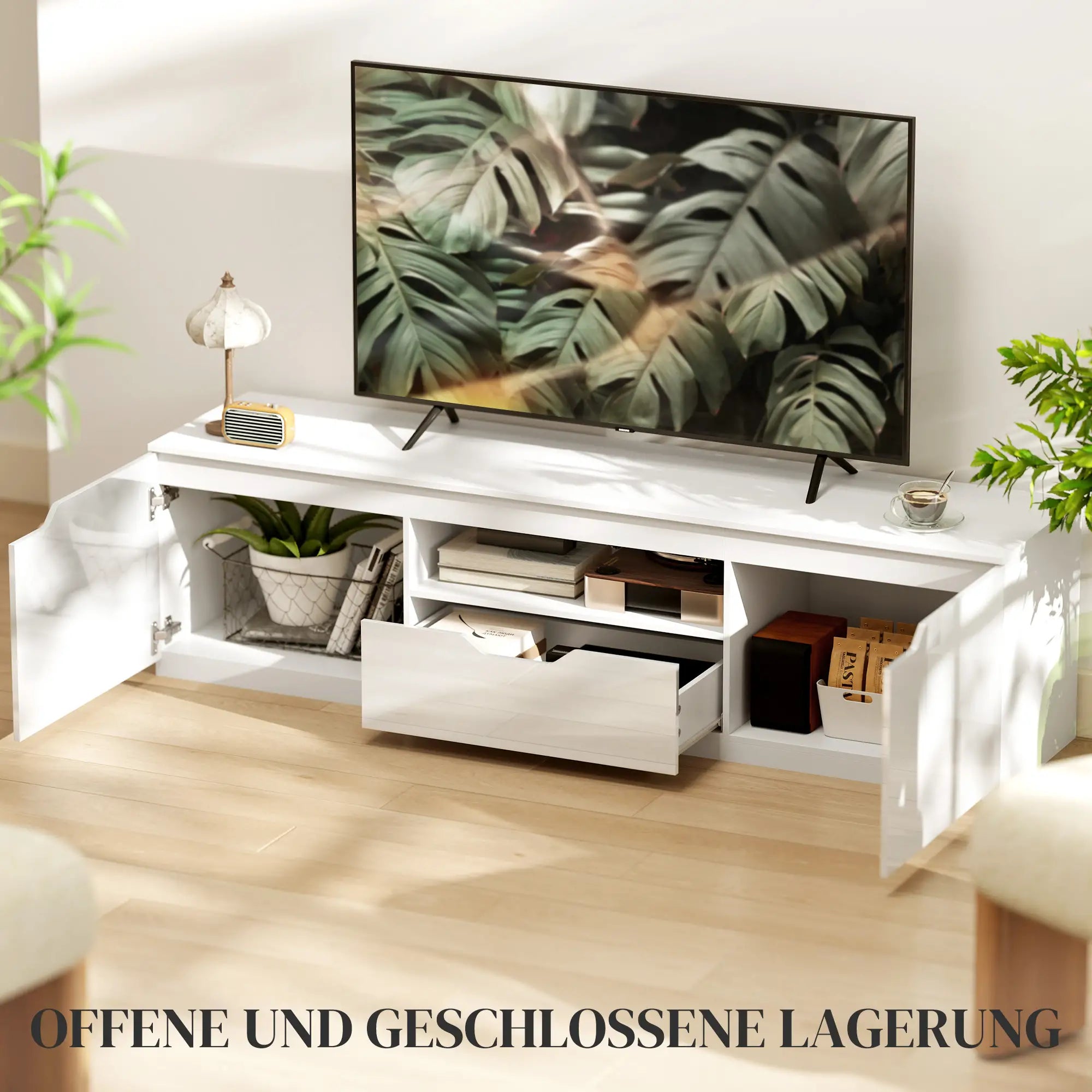 HOMCOM TV-Lowboard, Hochglanz, für Fernseher bis 65'', 3 Fächer, Schublade, 160 x 38 x 43 cm, Weiß