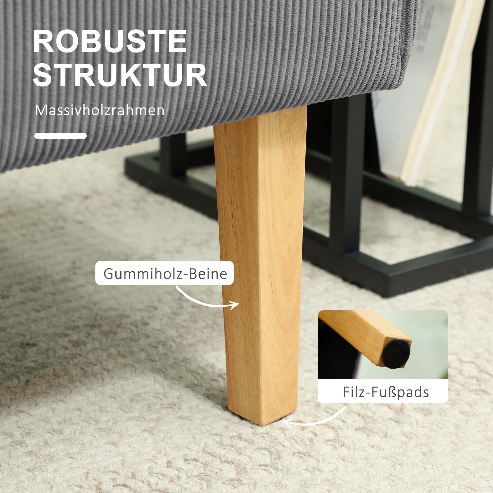 HOMCOM Zweisitzer-Sofa mit Cord-Bezug, dicker Polsterung und soliden Holzbeinen für Wohnzimmer, Schlafzimmer, Büro, Grau