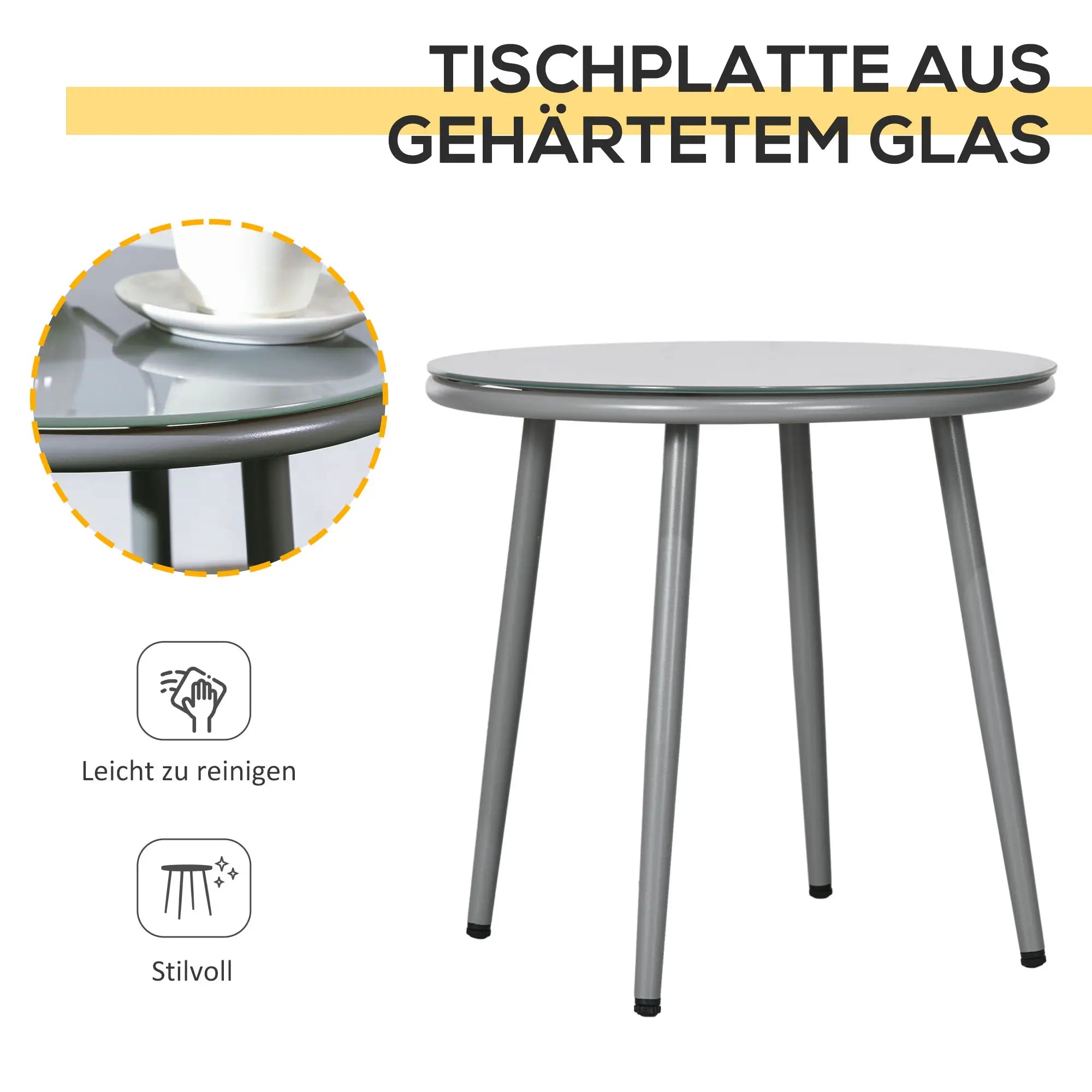 Outsunny Gartenmöbel-Set, 2 Stühle & 1 Tisch mit Glasplatte, Rattanoptik, wetterfest, Metallrahmen, Grau