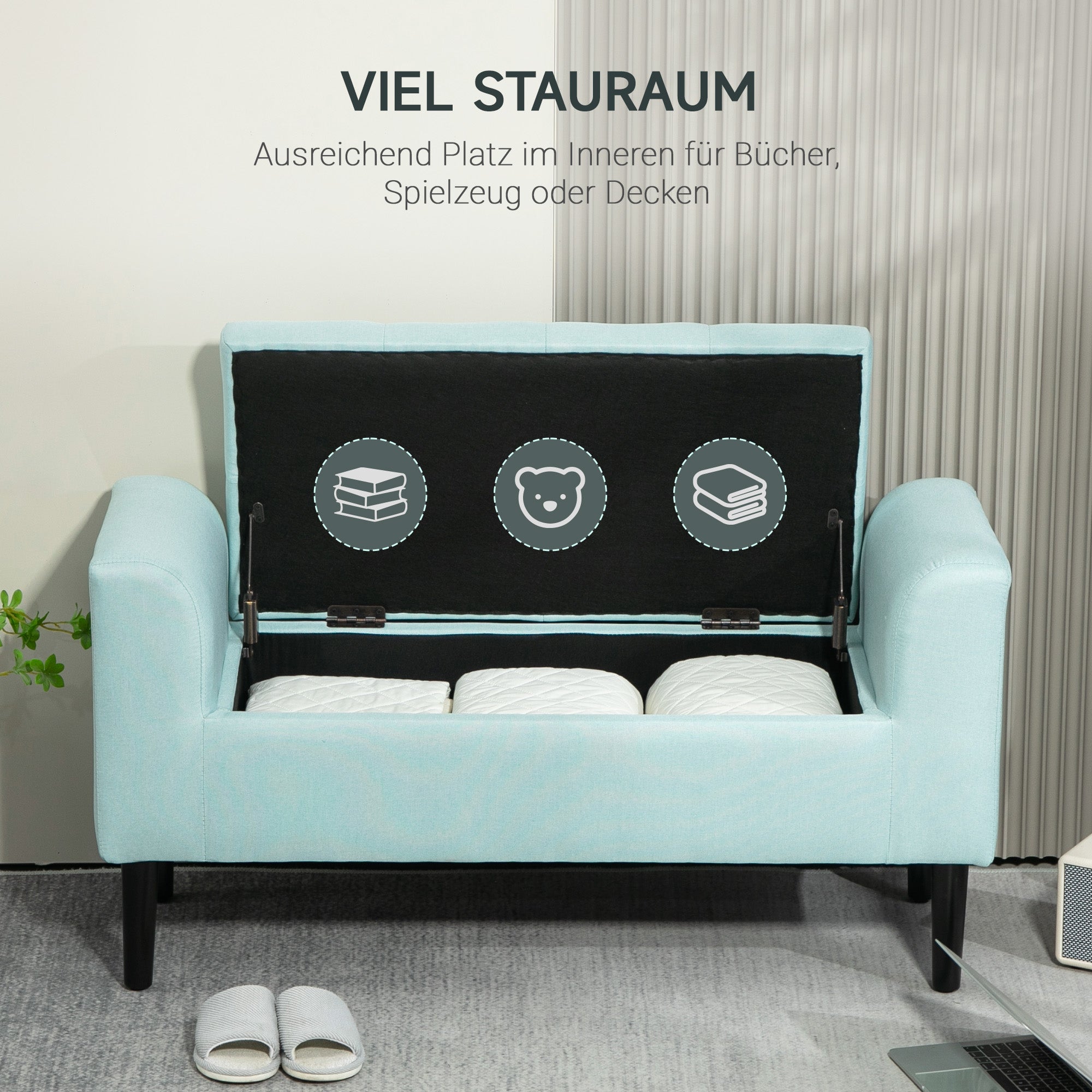 HOMCOM Sitzbank, Polsterbank mit Stauraum, leinenartiges Polyester, Kautschukholz, 100 x 40 x 44 cm, Grün