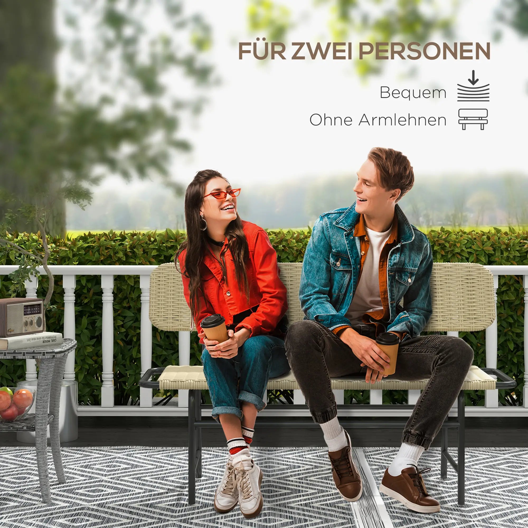 Outsunny 2-Sitzer Polyrattan Gartenbank Khaki