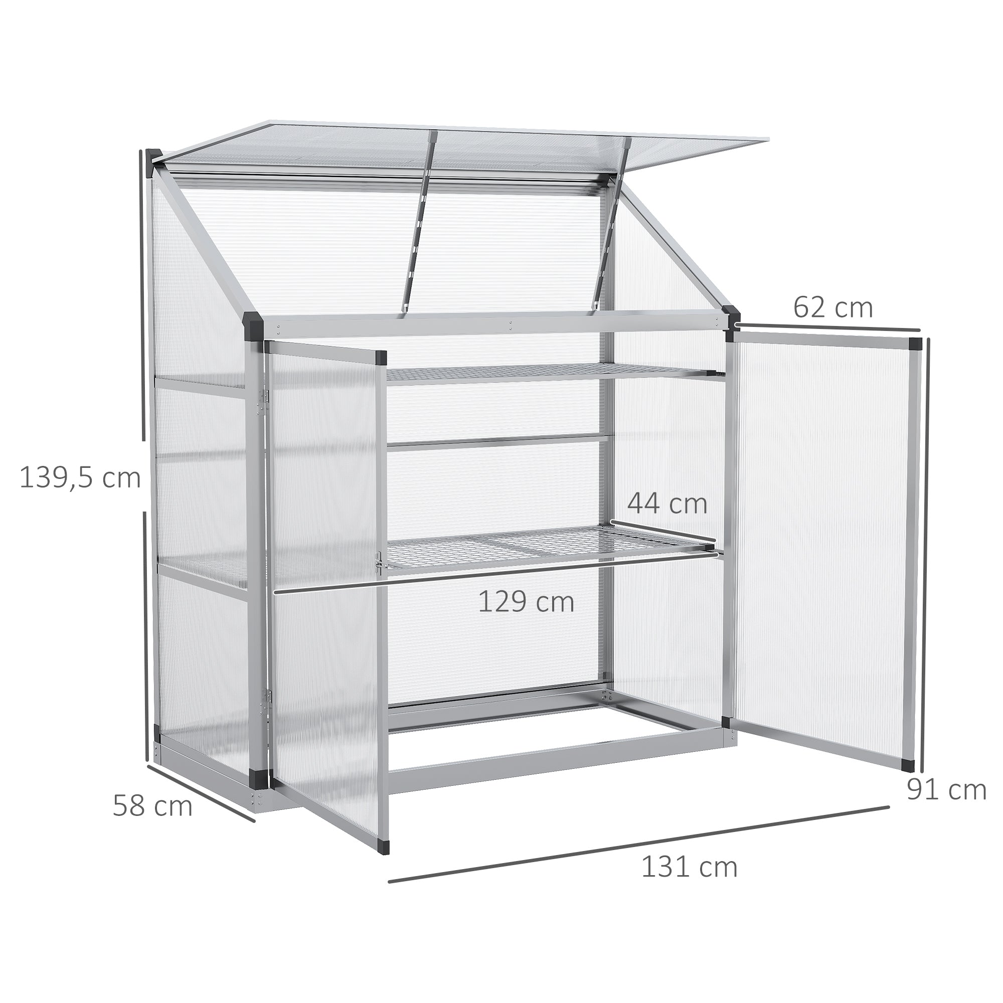 Outsunny Gewächshaus mit Fundamentrahmen, Polycarbonat-Gehäuse, 2 Regalböden, Aluminiumrahmen, 131 x 58 x 139,5 cm