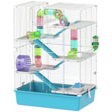 PawHut 6-stöckiger Hamsterkäfig mit Röhren, Tunnels, Hütte, Laufrad, Futterschale, Wasserflasche, Rampen, Hellblau, 58cm x 36cm x 81cm