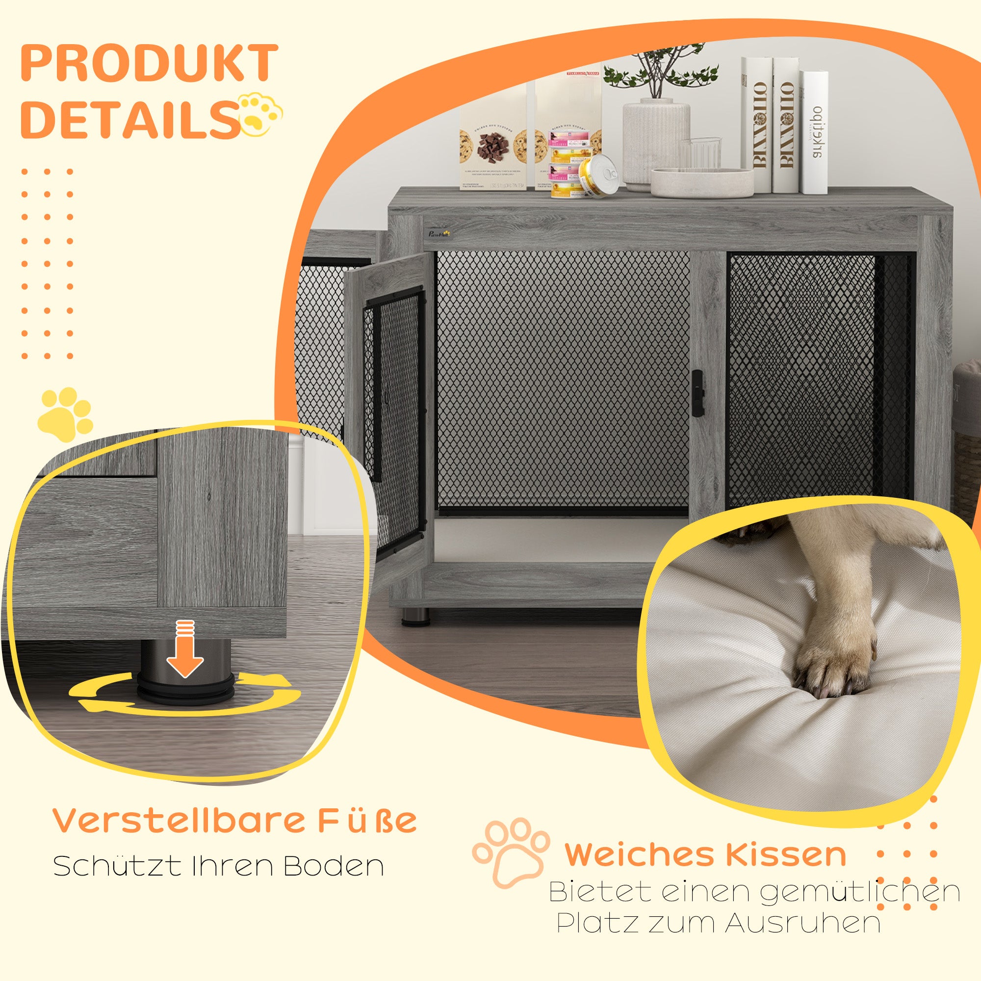 PawHut Hundebox, Welpenbox, mit Ablagefläche, wasserabweisendes Kissen, Stahlgitter, verstellbare Füße, 94x60x71,5 cm