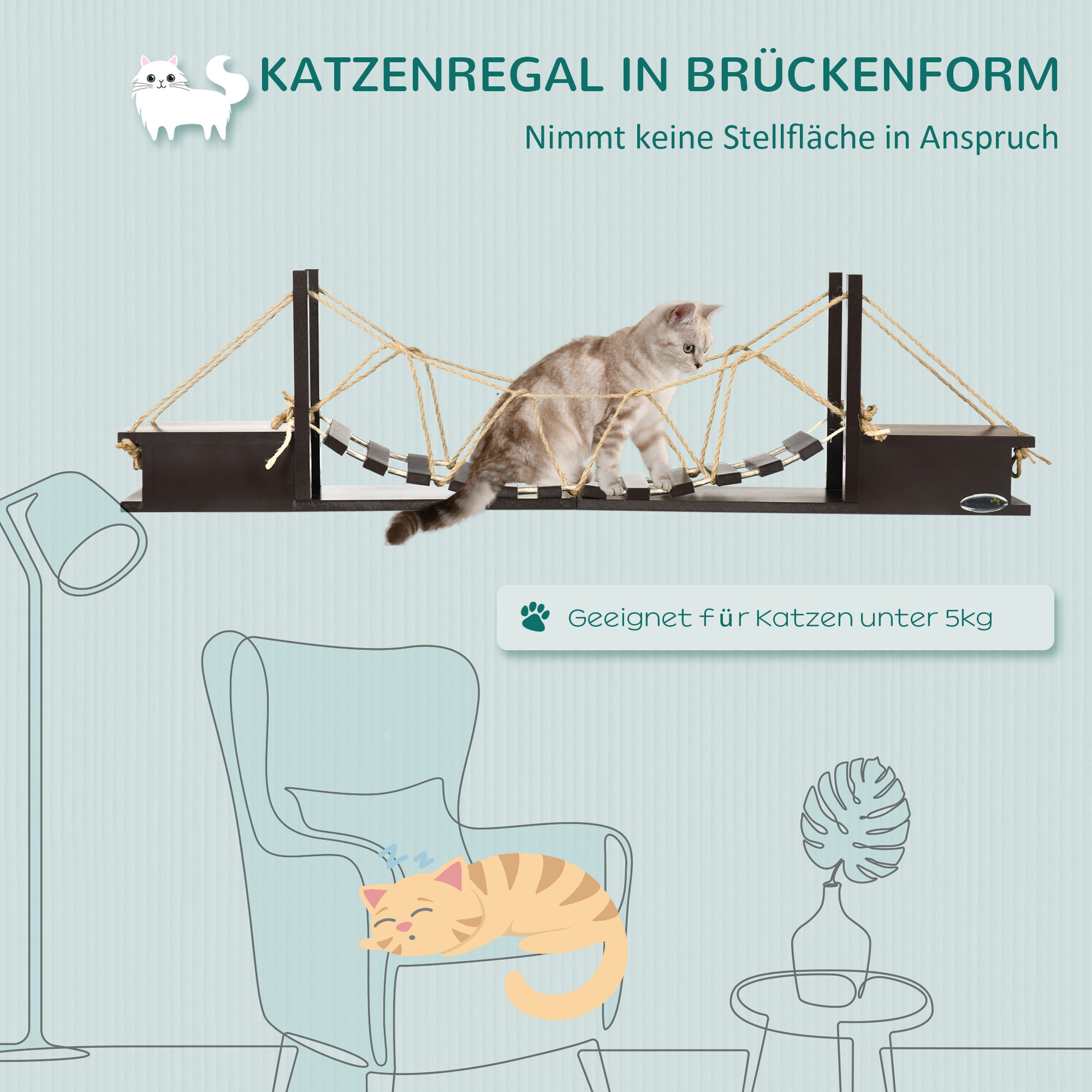 PawHut Katzenkletterwand, Katzenregal, Hängebrücke, 96 cm x 20 cm x 25,5 cm, Braun