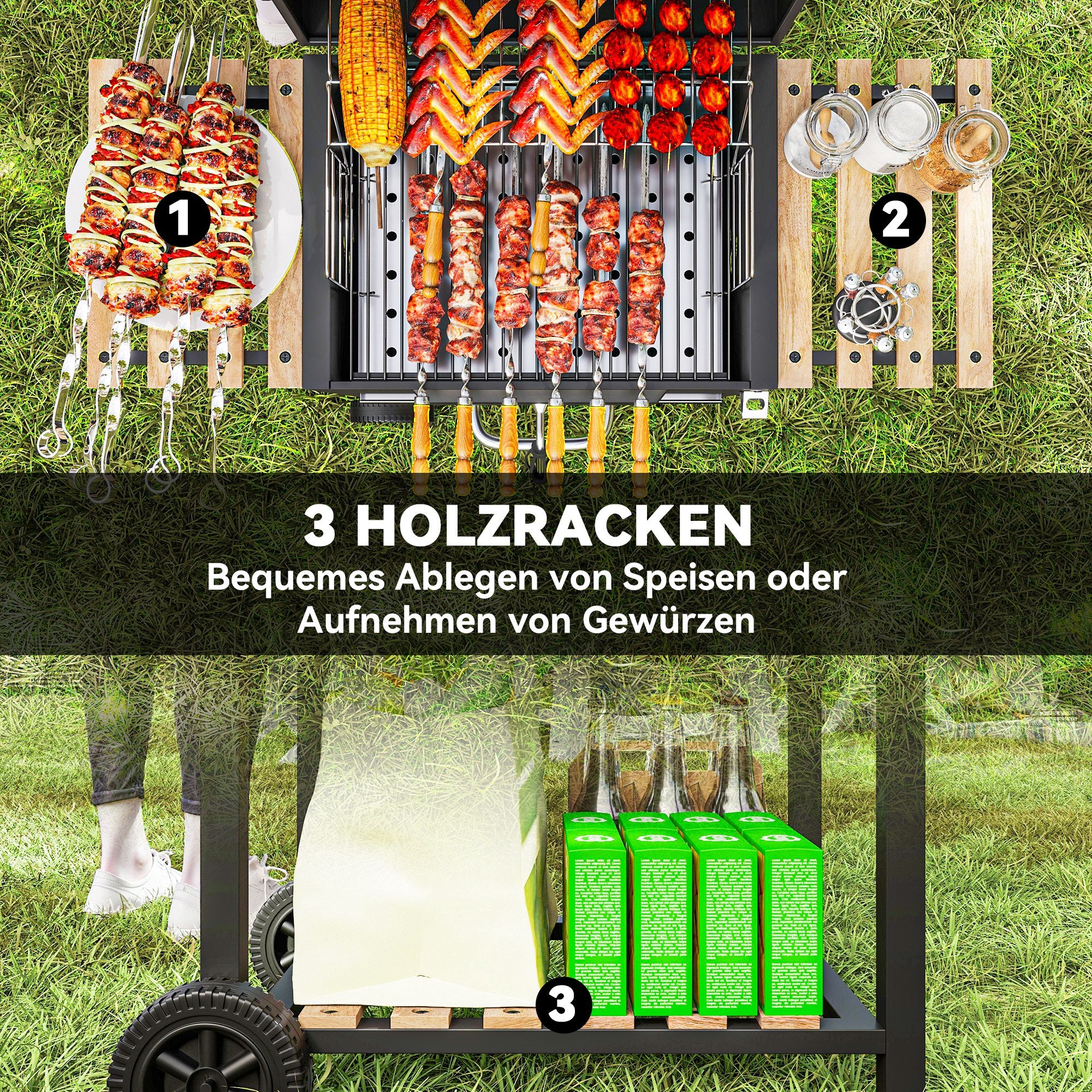 Outsunny Holzkohlegrill, höhenverstellbare Kohlenpfanne, Grillwagen, Regale, Thermometer, Flaschenöffner, Stahl, Holz, Schwarz