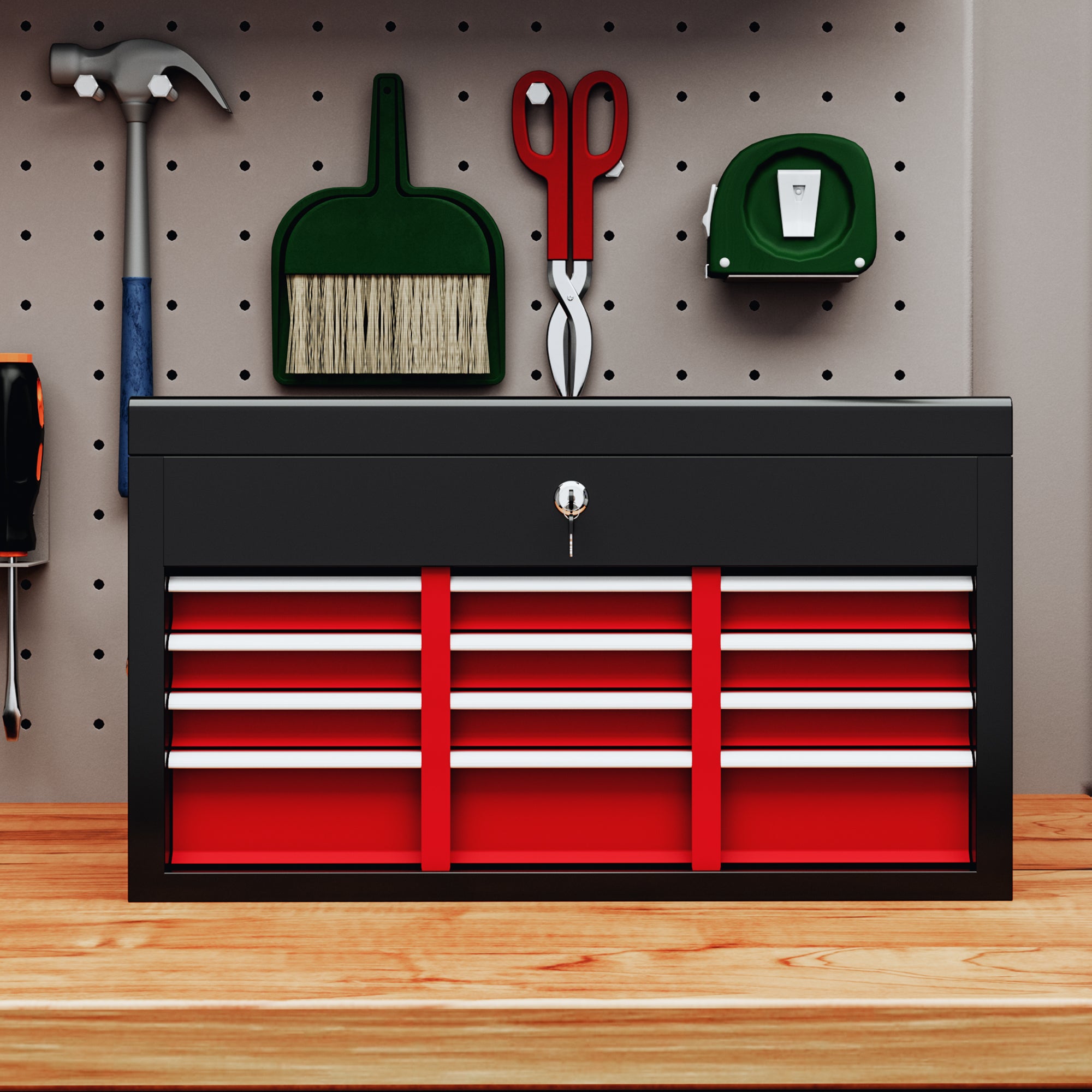 HOMCOM Werkzeugkiste, abschließbar, 3 Schubladen, Stahlgehäuse, 60x26x34cm, Rot+Schwarz