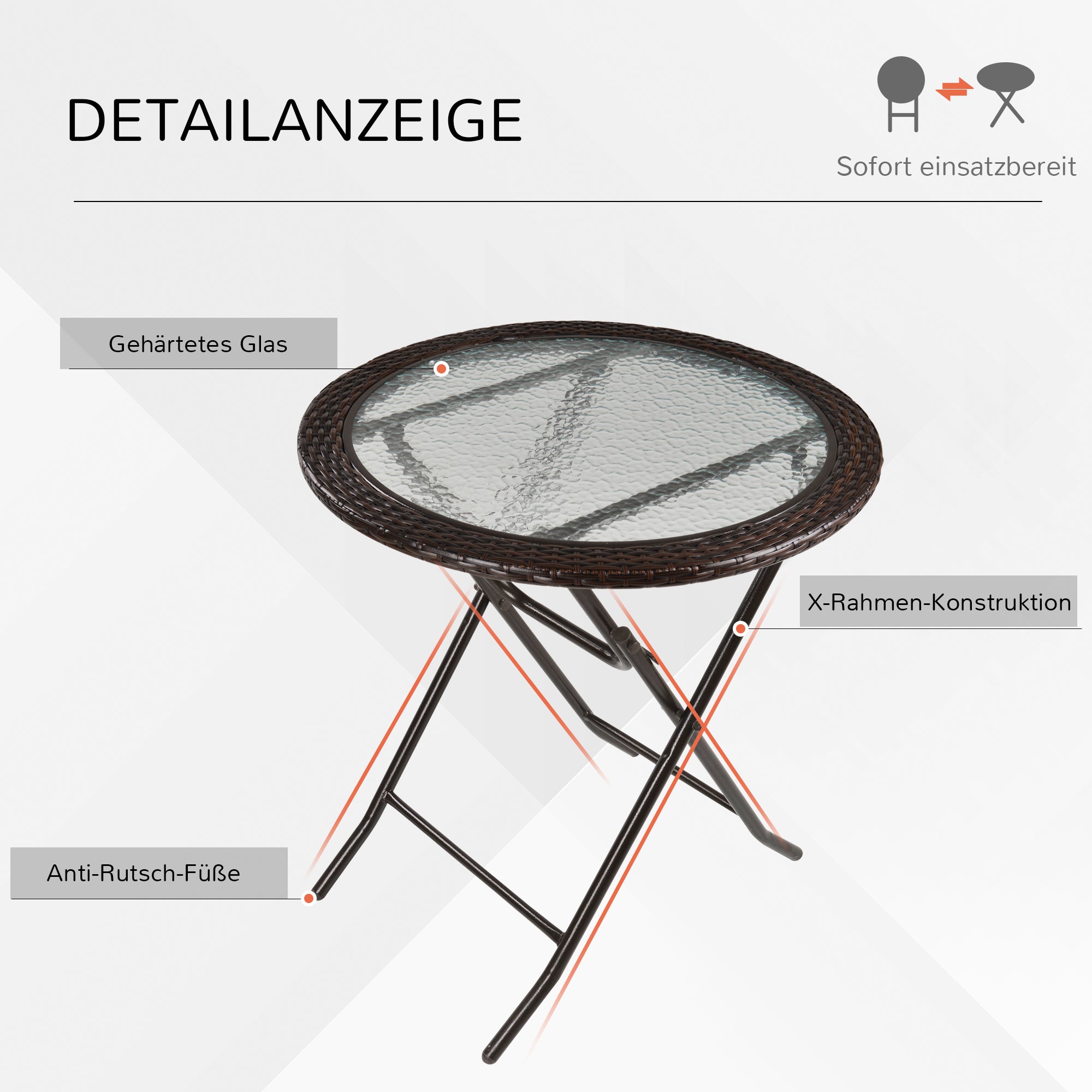 Outsunny Gartentisch, klappbar, Hartglastischplatte, Stahlrahmen, Rattan-Dekor, braun, 68 x 68 x 73 cm