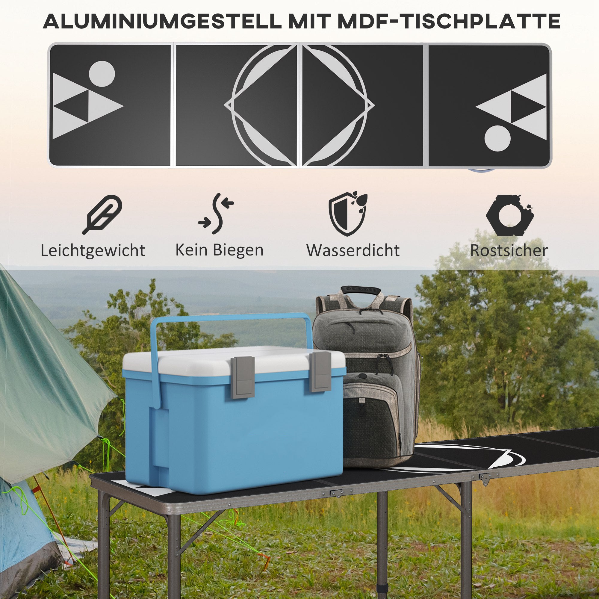 Outsunny Campingtisch, klappbar, leicht, höhenverstellbar, Aluminiumrahmen, 240 x 60 x 54/62/70 cm, Schwarz