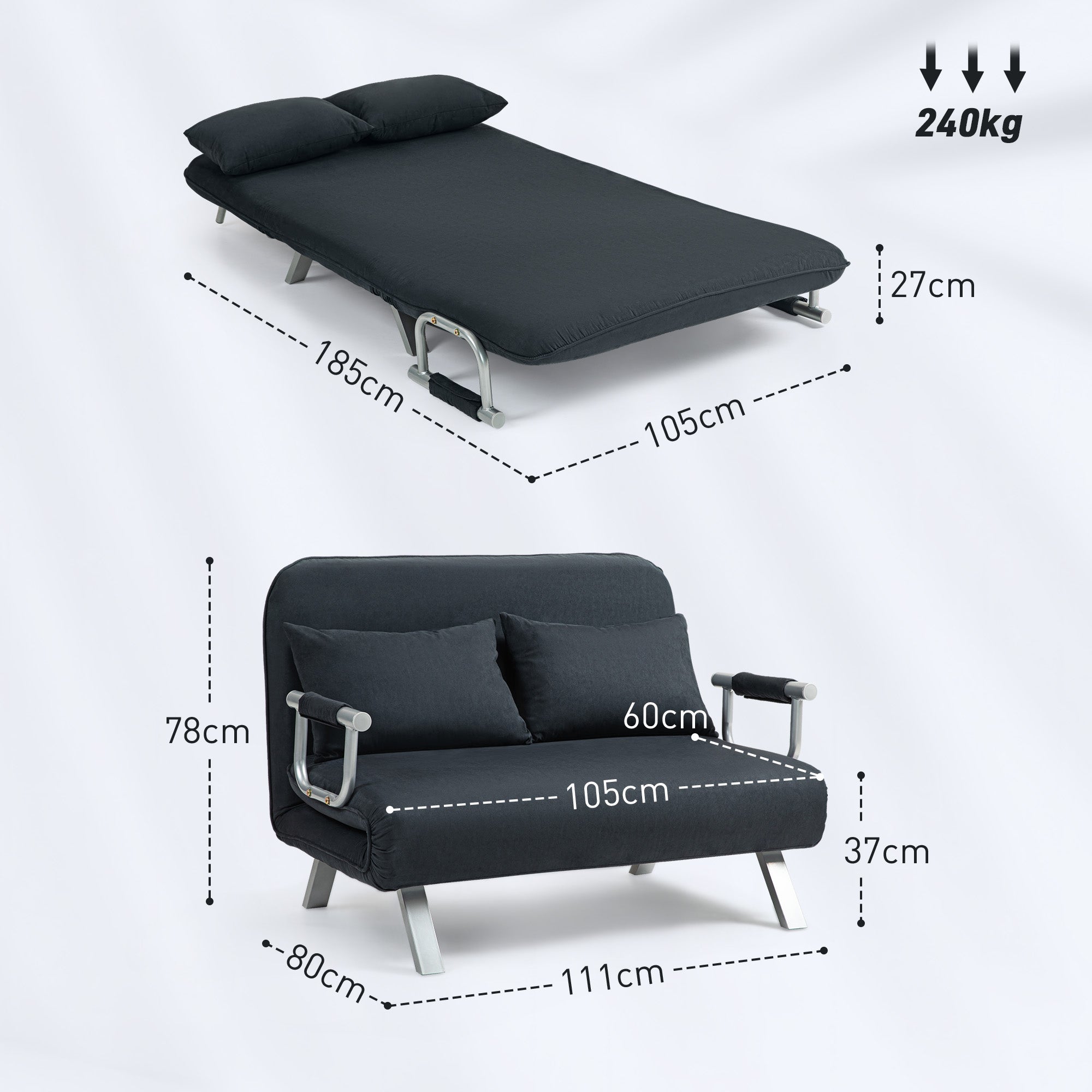 HOMCOM Schlafsofa, 5-fach verstellbar, Wildlederimitat, Stahlrahmen, inkl. Kissen, Schwarz
