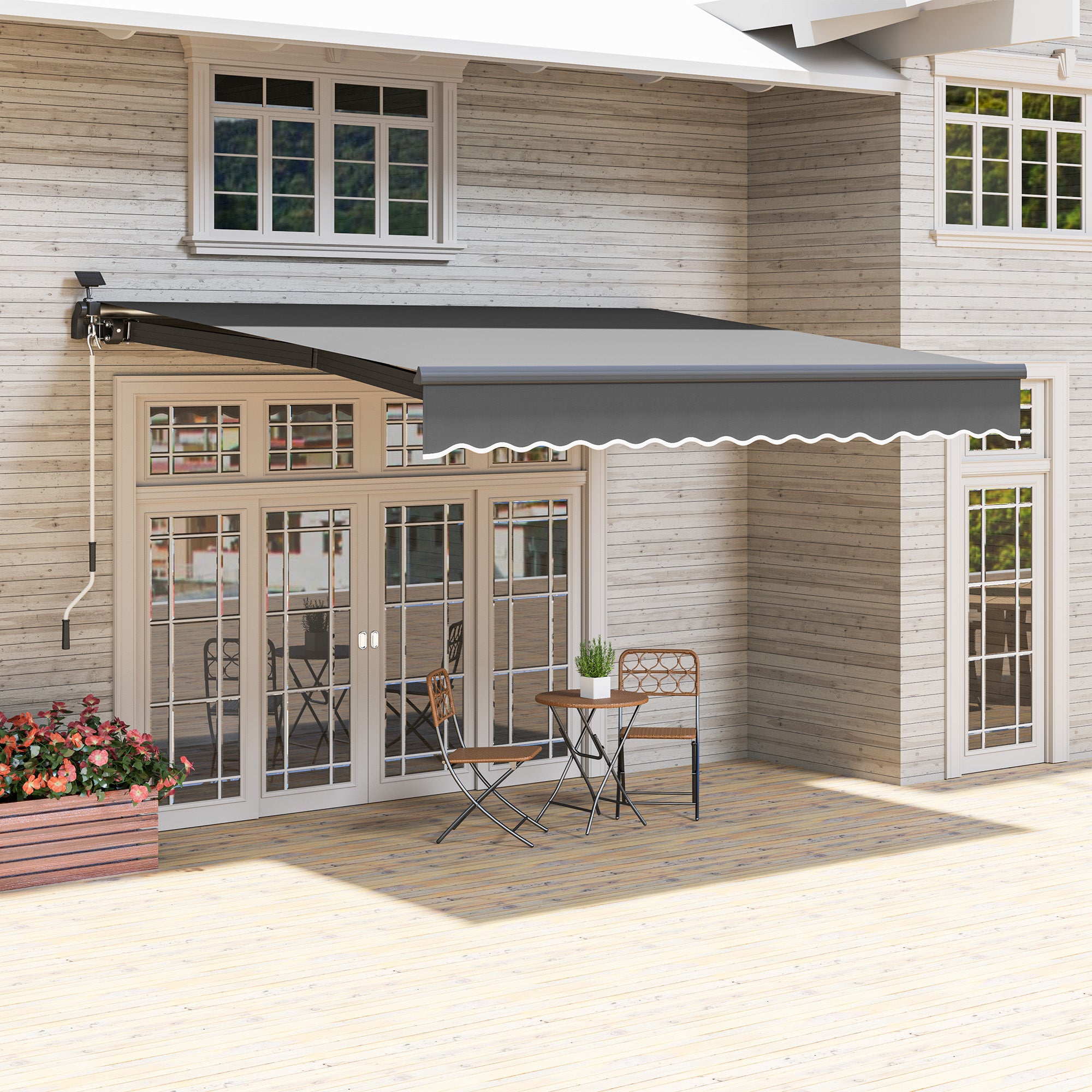 Outsunny Klemmmarkise mit Handkurbel Solar-Lichte Gelenkarmmarkise Markise Sonnenschutz UV 50+ 400 cm breit Grau