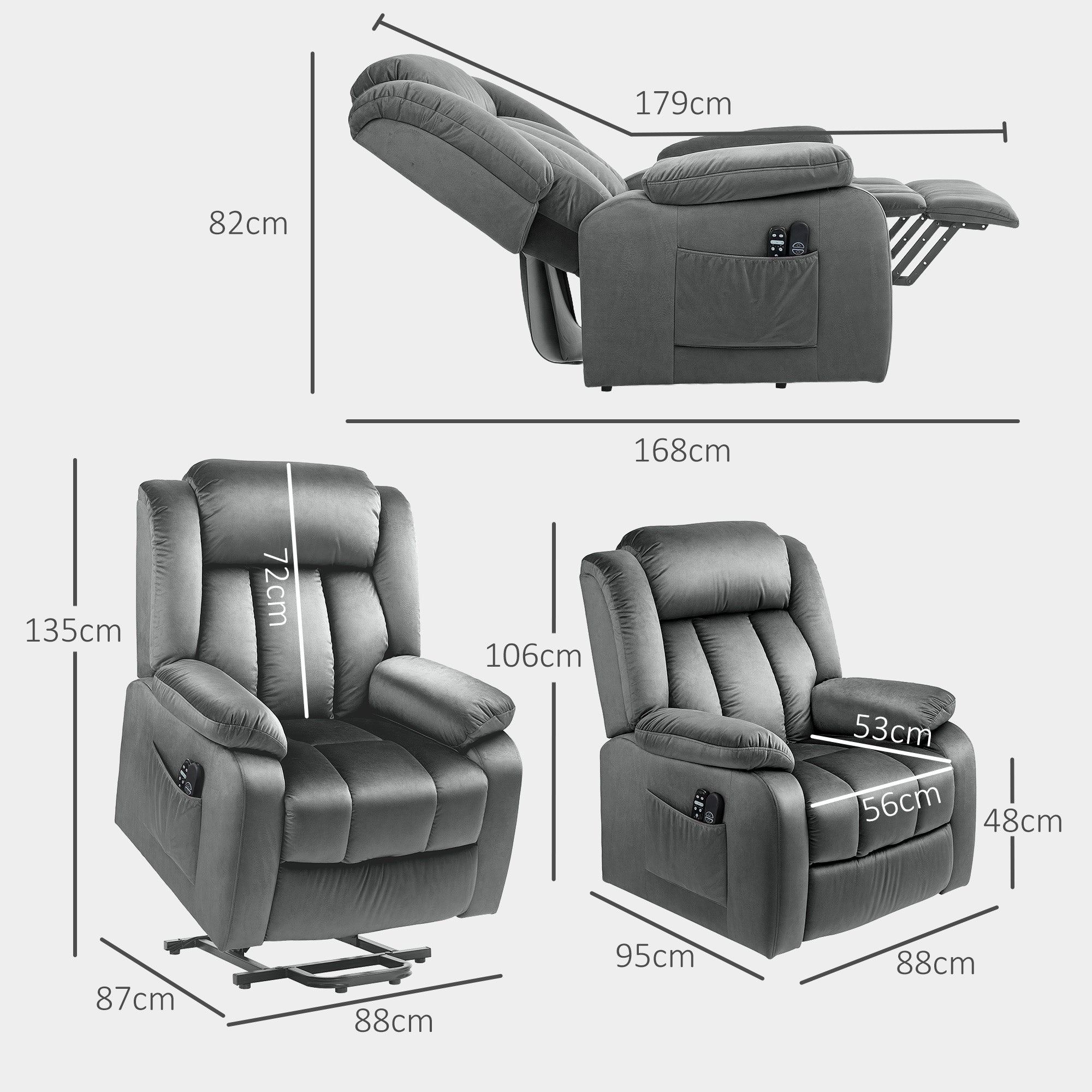 HOMCOM Aufstehsessel mit Massagefunktion und Lendenheizung, Recliner-Sessel mit Fernbedienungen und Seitentaschen, Grau